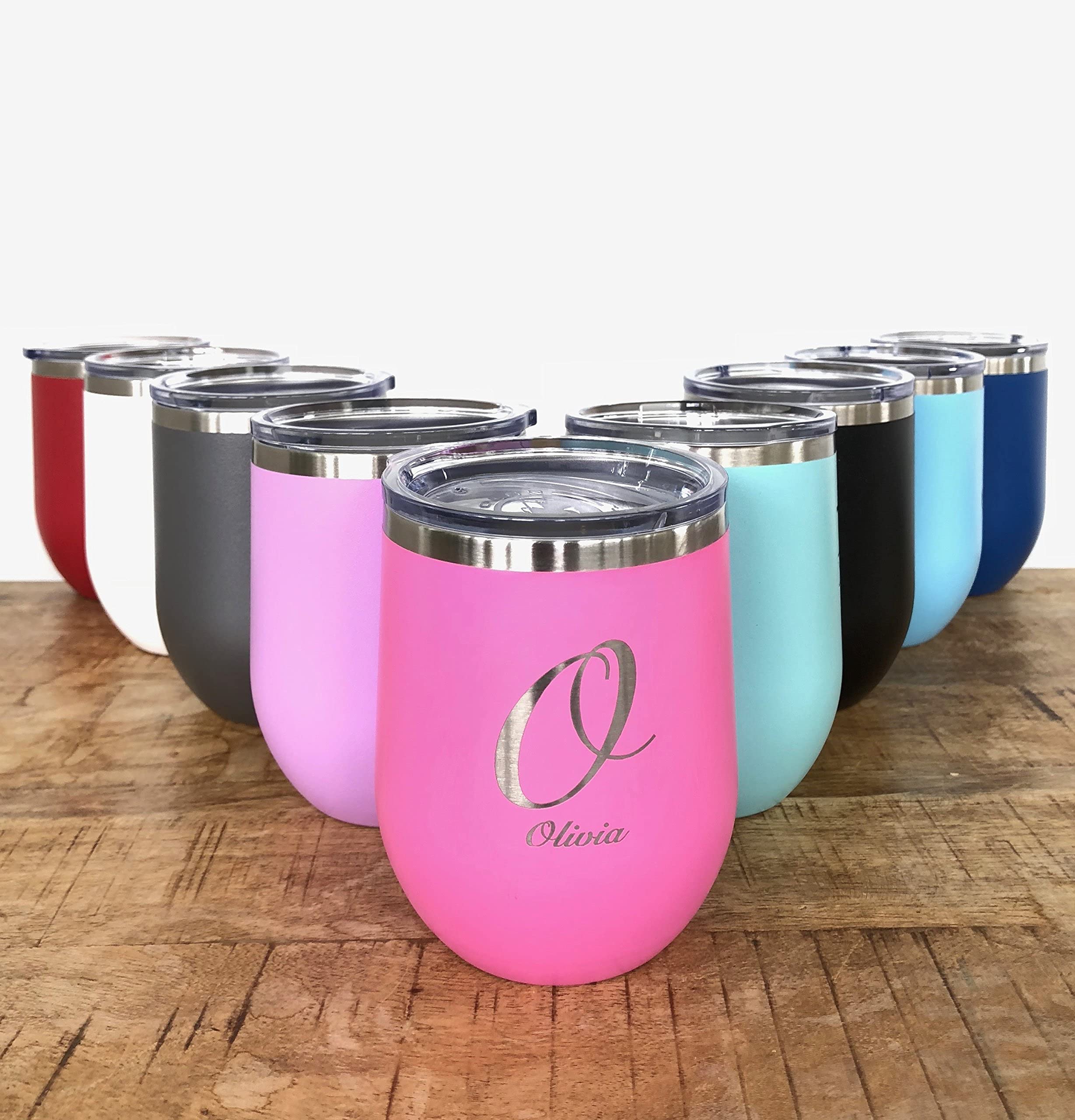 Personalized Insulated Wine Tumbler 12oz - Stainless Steel, 9 Color Options, Permanent Engraving (Pink) - Perfect for Gifts, Parties, and Outdoor Wine Tasting