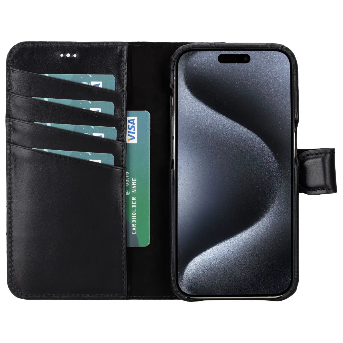 Premium Black Leather Wallet Case for iPhone 15 Pro - Slim Protective Cover with Card Slots | Perfect for Business, Travel & Everyday Use