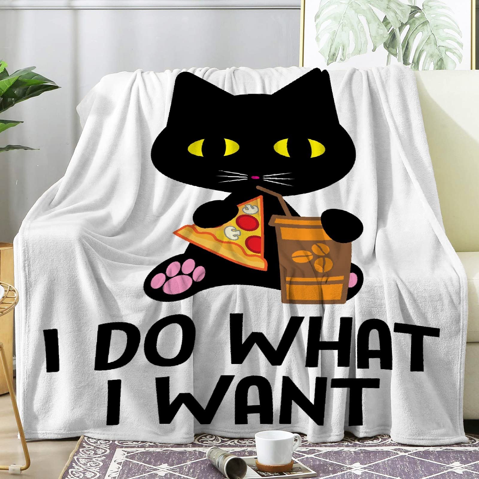 AUSMART Super Soft Flannel Cat Pizza Drink Blanket - Warm, Lightweight & Pet-Friendly Throw for Home, Bed, Sofa, Dorm - 120