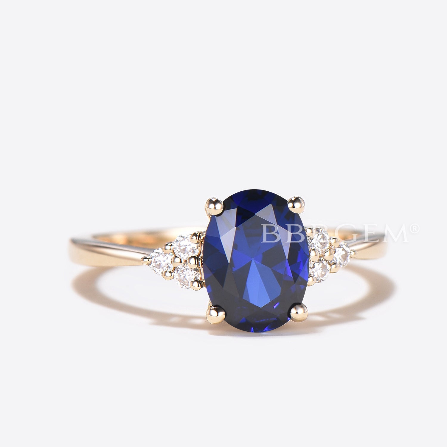 6x8mm Blue Oval Lab-Created Sapphire & Moissanite Three Stone Ring in Yellow Gold – Perfect for Engagement, Anniversary & Wedding Jewelry Gifts