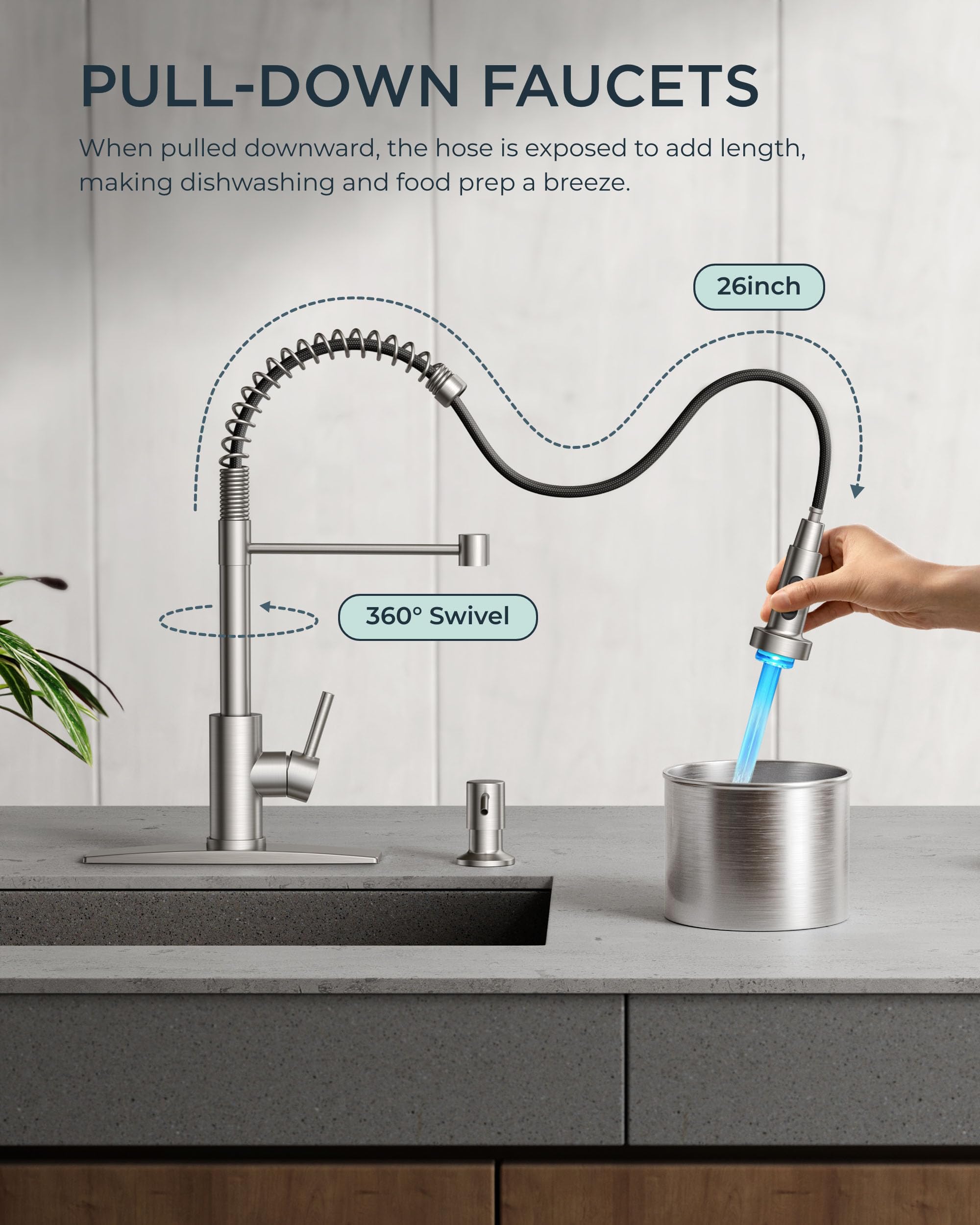 FORIOUS Brushed Nickel LED Kitchen Faucet - Modern Single Handle Pull Down Sprayer Stainless Steel Sink Faucet with Commercial Spring & Touchless Light | Perfect for Farmhouse, RV Camper, Laundry Room & Commercial Kitchens