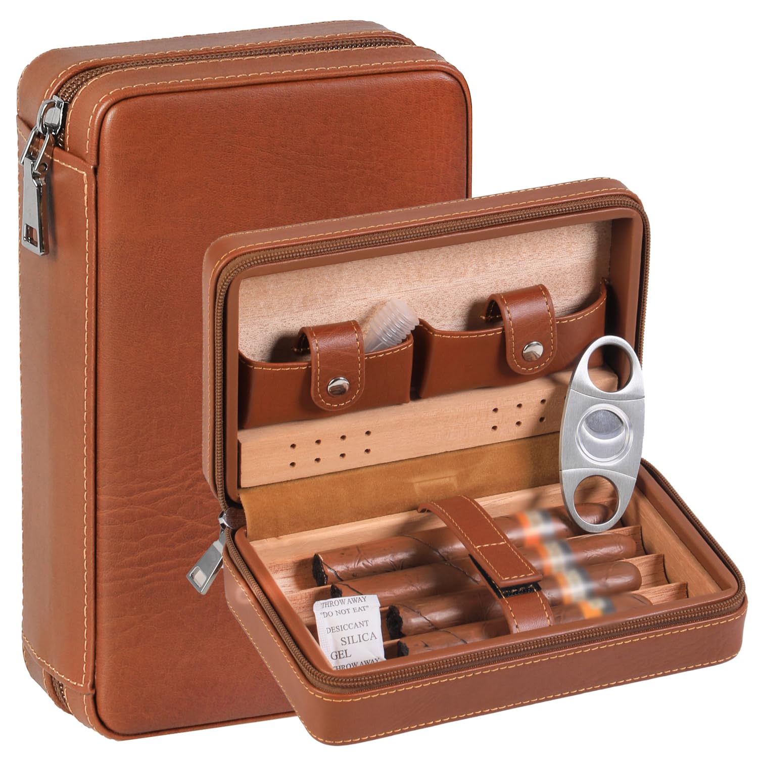 Premium 4 Finger Portable Travel Leather Cigar Case with Built-in Cutter & Humidifier - Perfect Humidor for Groomsmen, Birthday & Father's Day Gifts - Ideal for Travel, Business Trips & Outdoor Smoking