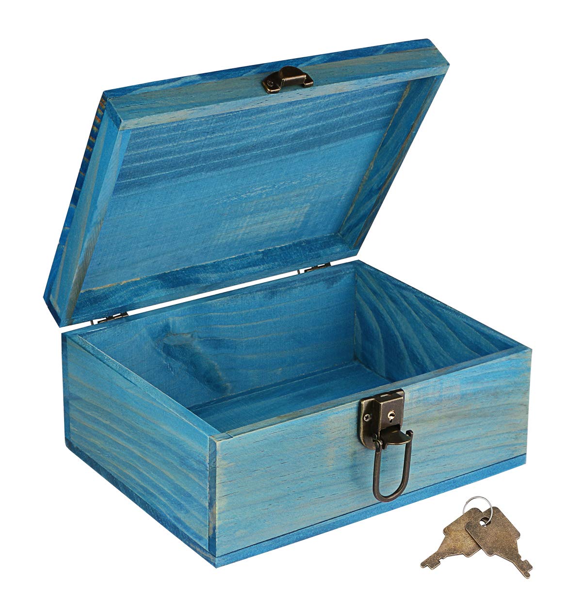Handmade Blue Wooden Keepsake Box with Lock - Decorative Jewelry Storage Box for Gifts, Home Decor & Organizing - 9.3x7.6x4.5 Inch - Perfect for Wedding Rings, Heirlooms & Keepsake Storage