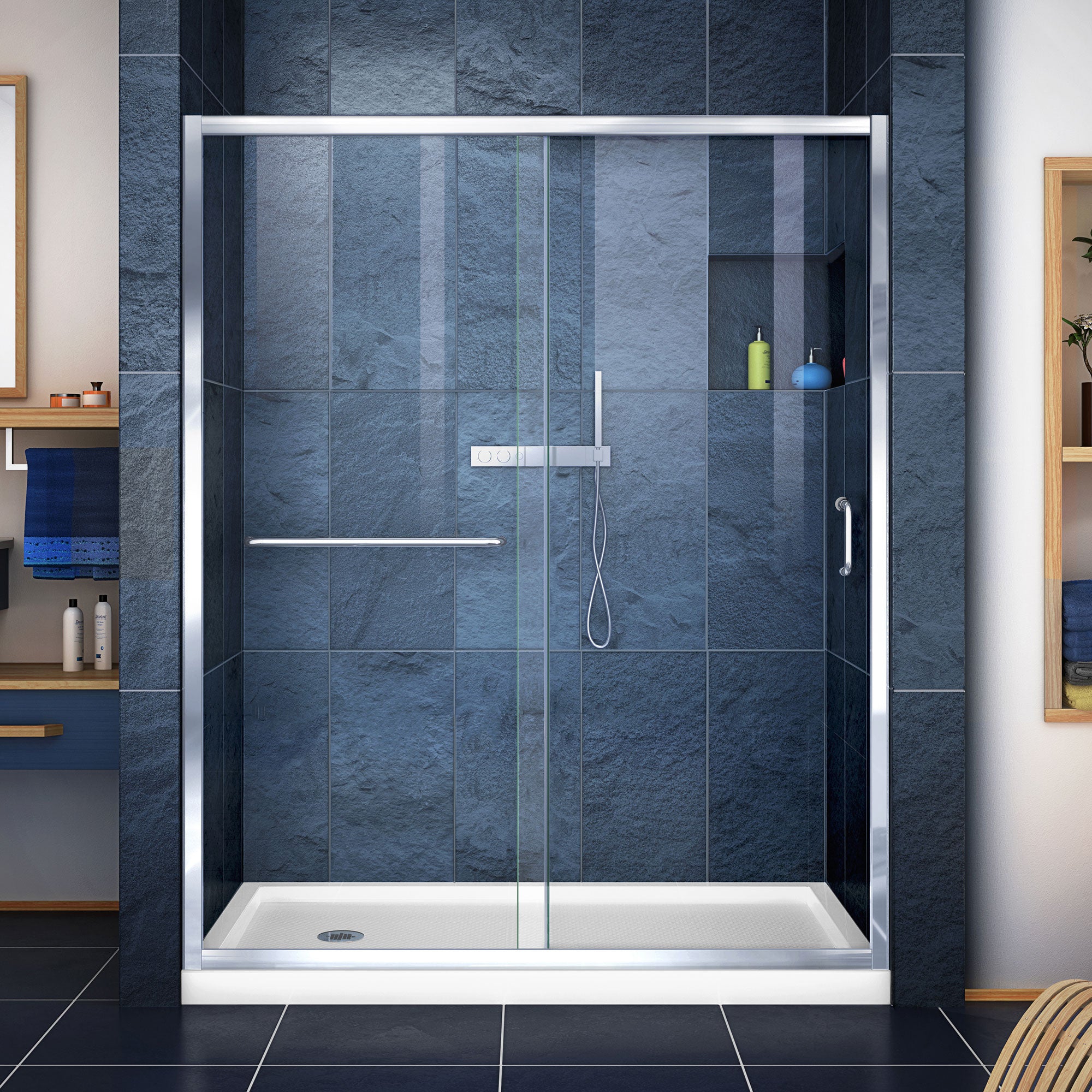DreamLine Infinity Z 30x60x74.75 Inch Semi-Frameless Sliding Shower Door with SlimLine Base Kit - Clear Glass - Perfect for Modern Bathroom Renovations & Spa-Like Showers
