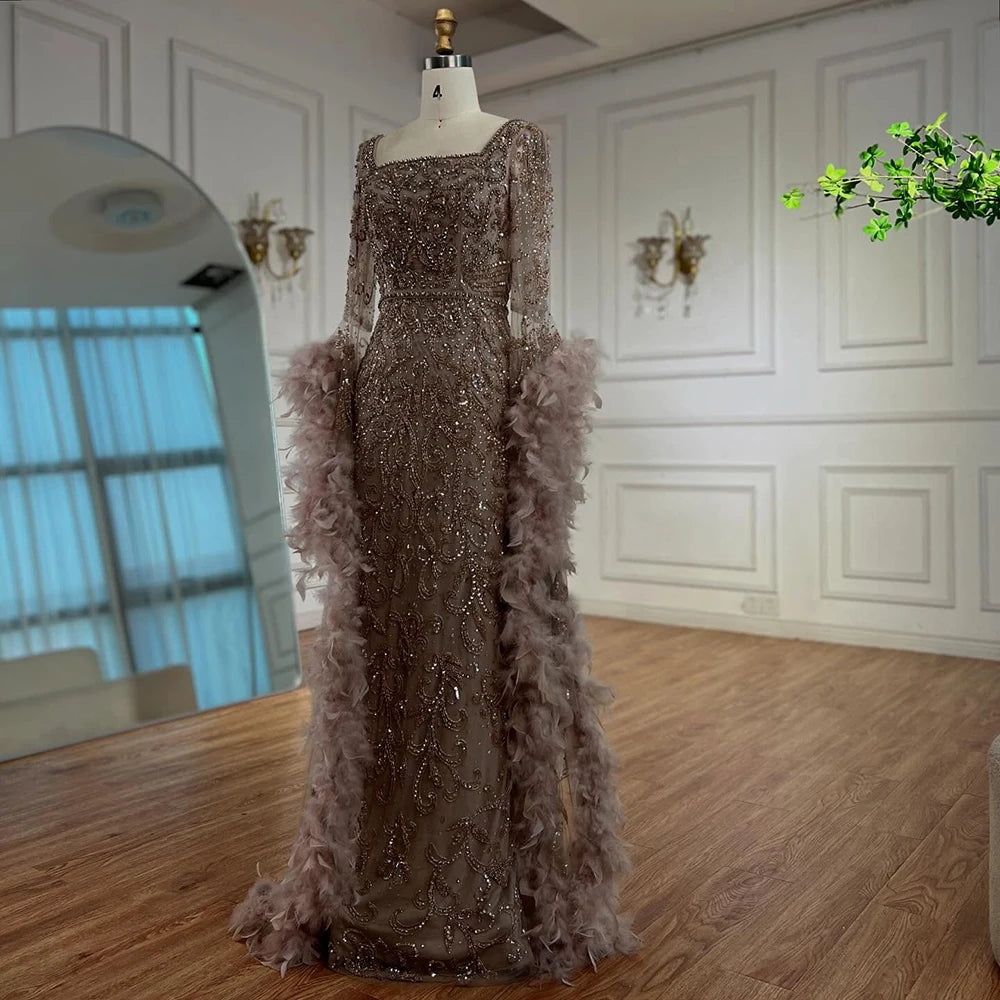 Luxury Dubai Flared Sleeves Mermaid Evening Gown with Turquoise Beads & Feathers - Formal Dresses for Prom, Gala & Special Occasions - LA72767