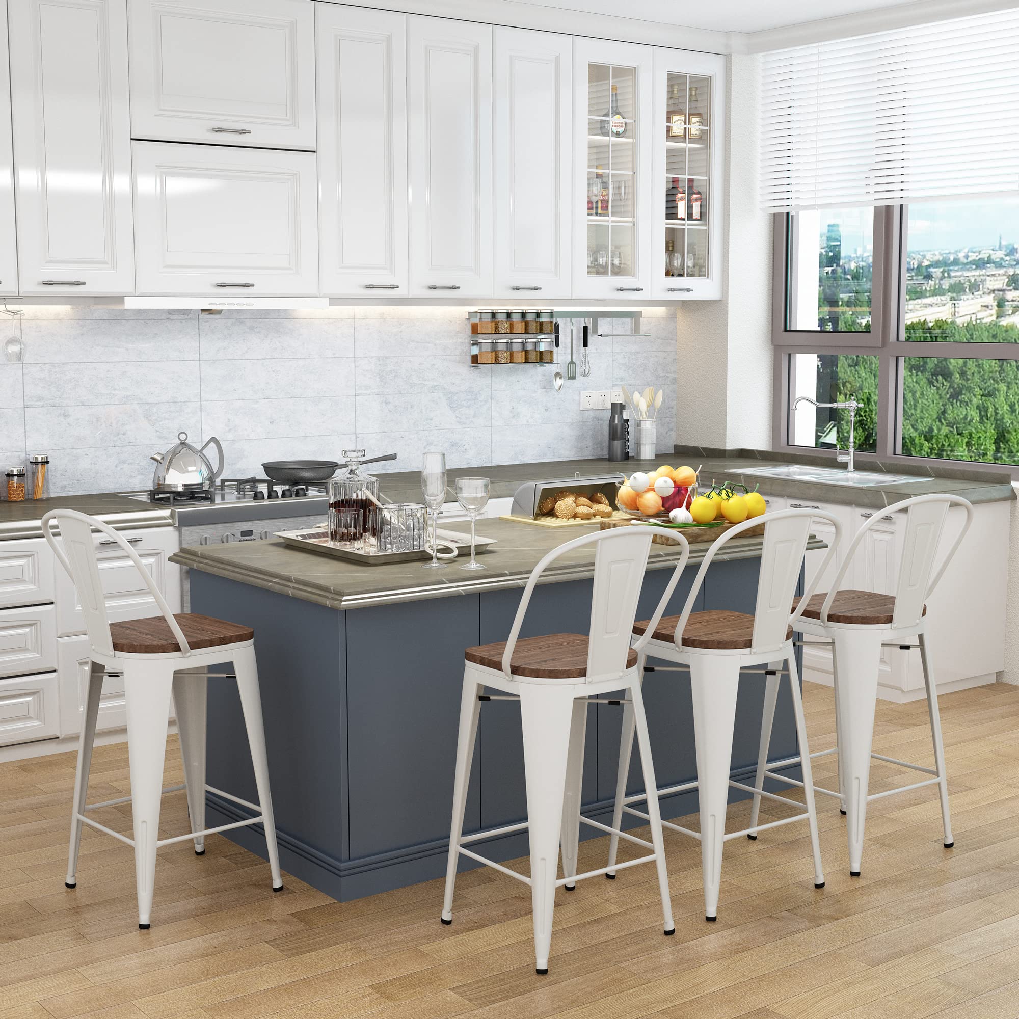 Yongqiang 30 Inch Bar Stools Set of 4 - Farmhouse Style High Back Kitchen Bar Chairs with Large Wooden Seat - Cream White Metal Barstools for Kitchen Island, Breakfast Nook & Home Bar Decor