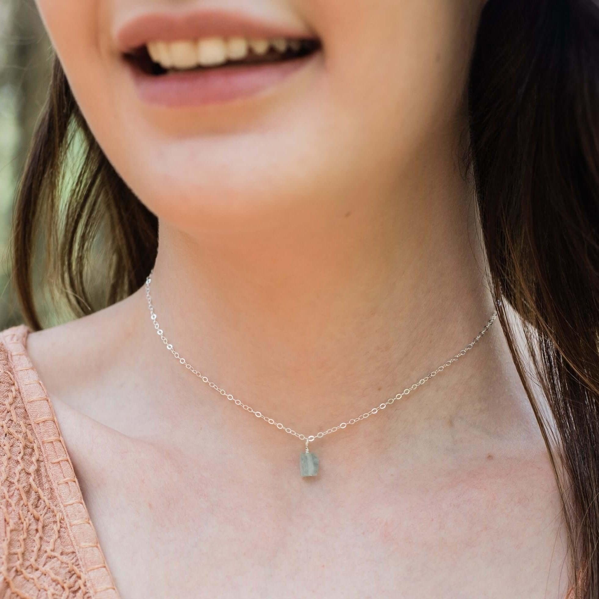 Tiny Rough Aquamarine Gemstone Pendant Choker Necklace - Natural Blue Stone Jewelry for Women - Perfect for Boho Style, Beach Wedding & Everyday Wear