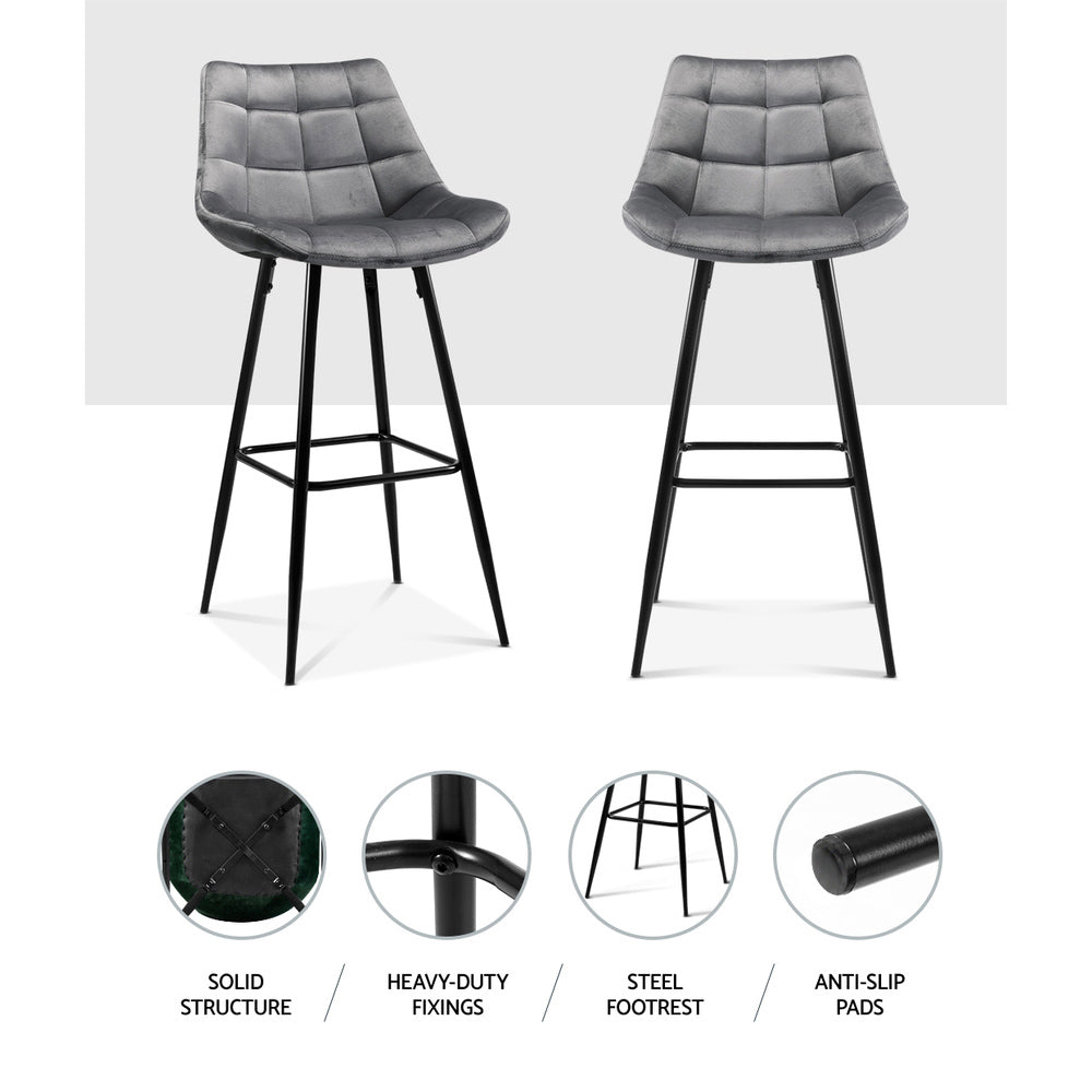2-Pack Grey Velvet Bar Stools - Modern Kitchen Counter Stools for Dining Room, Bar, or Breakfast Nook - Comfortable & Stylish Seating Solution