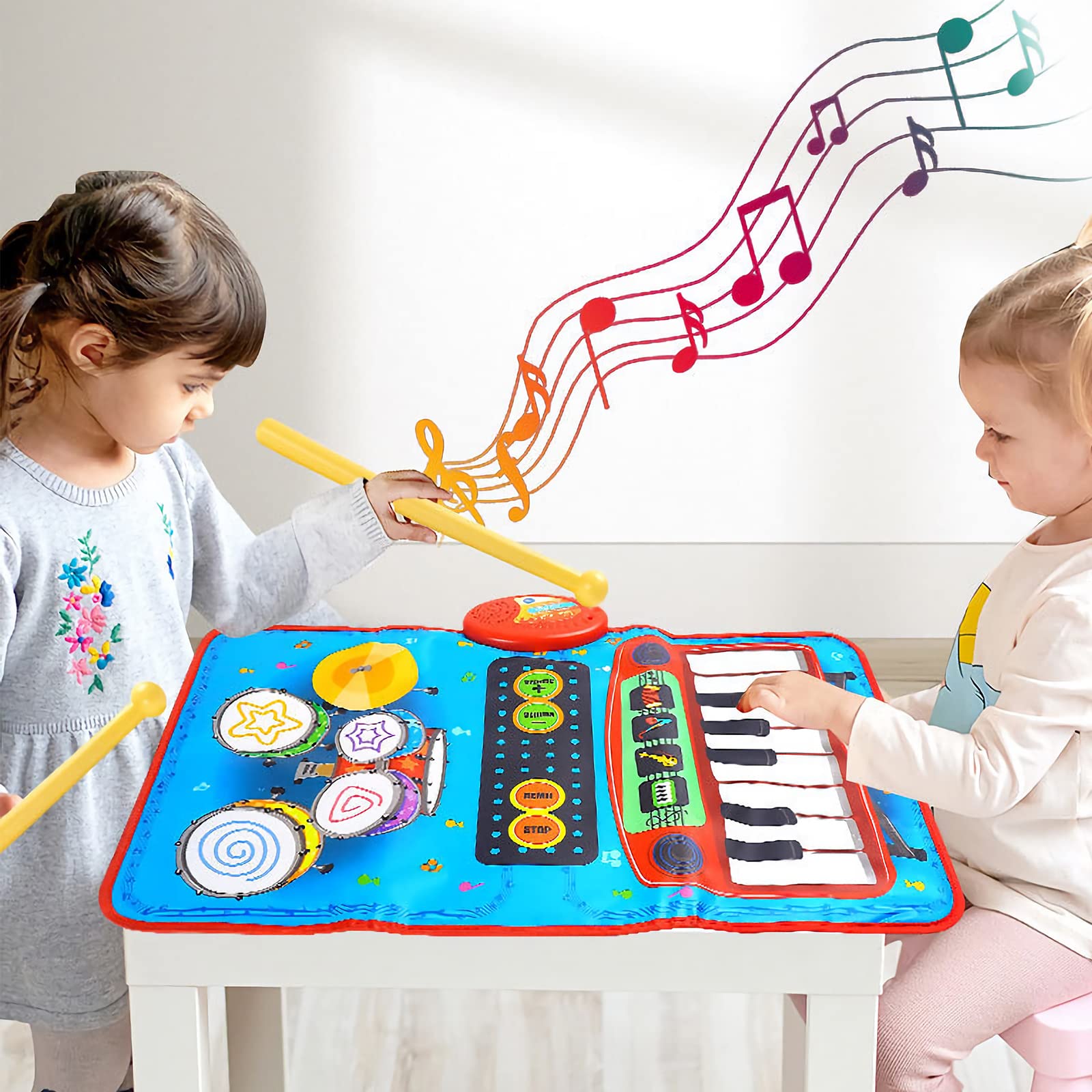 2-in-1 Musical Playmat for Kids - Portable Piano & Drum Touch Keyboard with 4 Instrument Sounds | Interactive Floor Mat Toy for Toddlers & Children (27.5