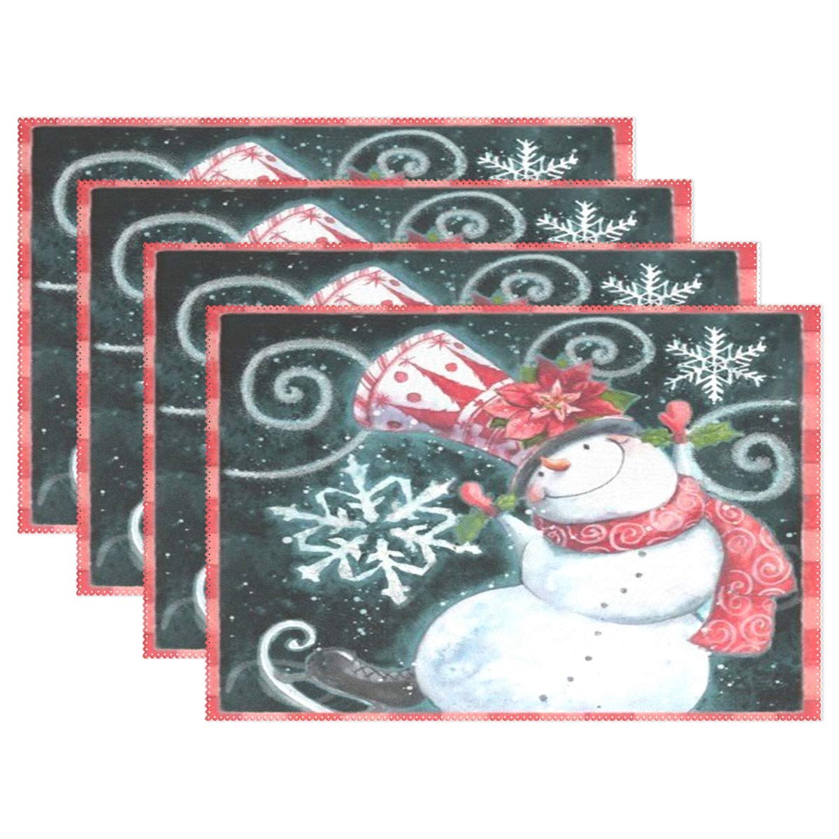 Wamika Christmas Snowman Snowflake Placemat Set of 4 - 12x18 Inch Winter Table Mats with Red Poinsettia Design for Dining, Kitchen, and Holiday Home Decor - Perfect for Christmas Parties, Family Gatherings & Festive Tablescapes