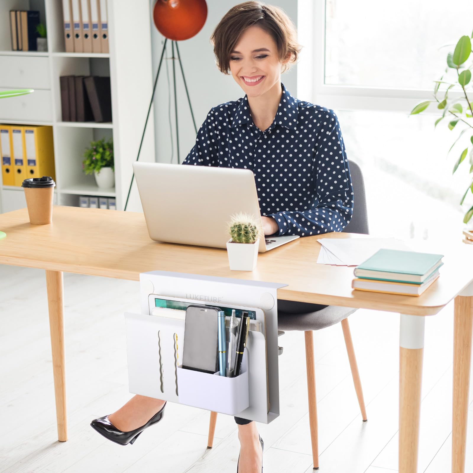 LUKETURE Steel Desk Side Organizer - No Drill Laptop Holder with Pen Storage, Clamp-On Table Mount for Home Office, Fits Flat Edge Tables 0.3