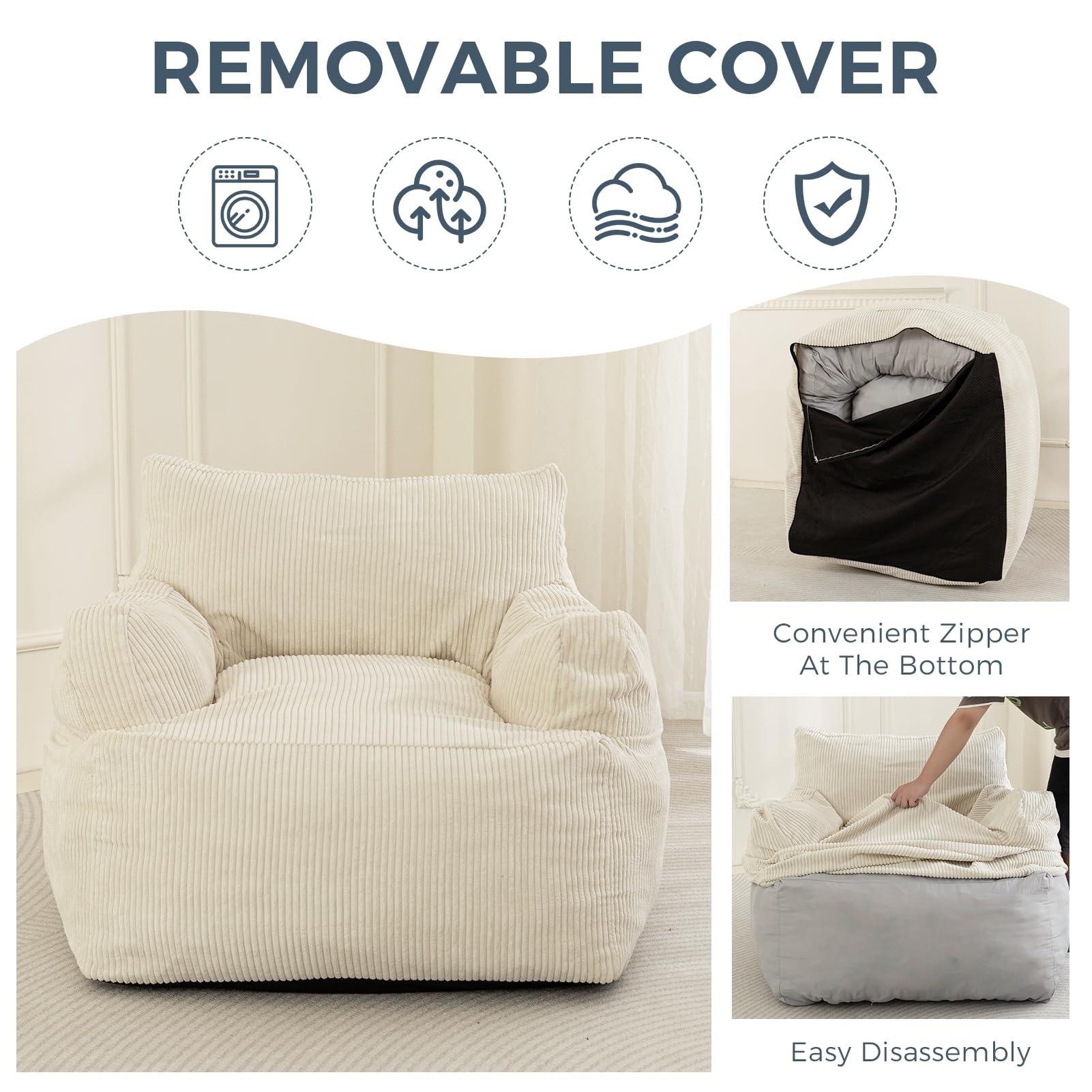 MAXYOYO Oversized Bean Bag Chair - Extra Large Stuffed Bean Bag Sofa for Living Room, Bedroom & Game Room - Soft & Comfortable Beige Lounger for Relaxing, Reading & Gaming