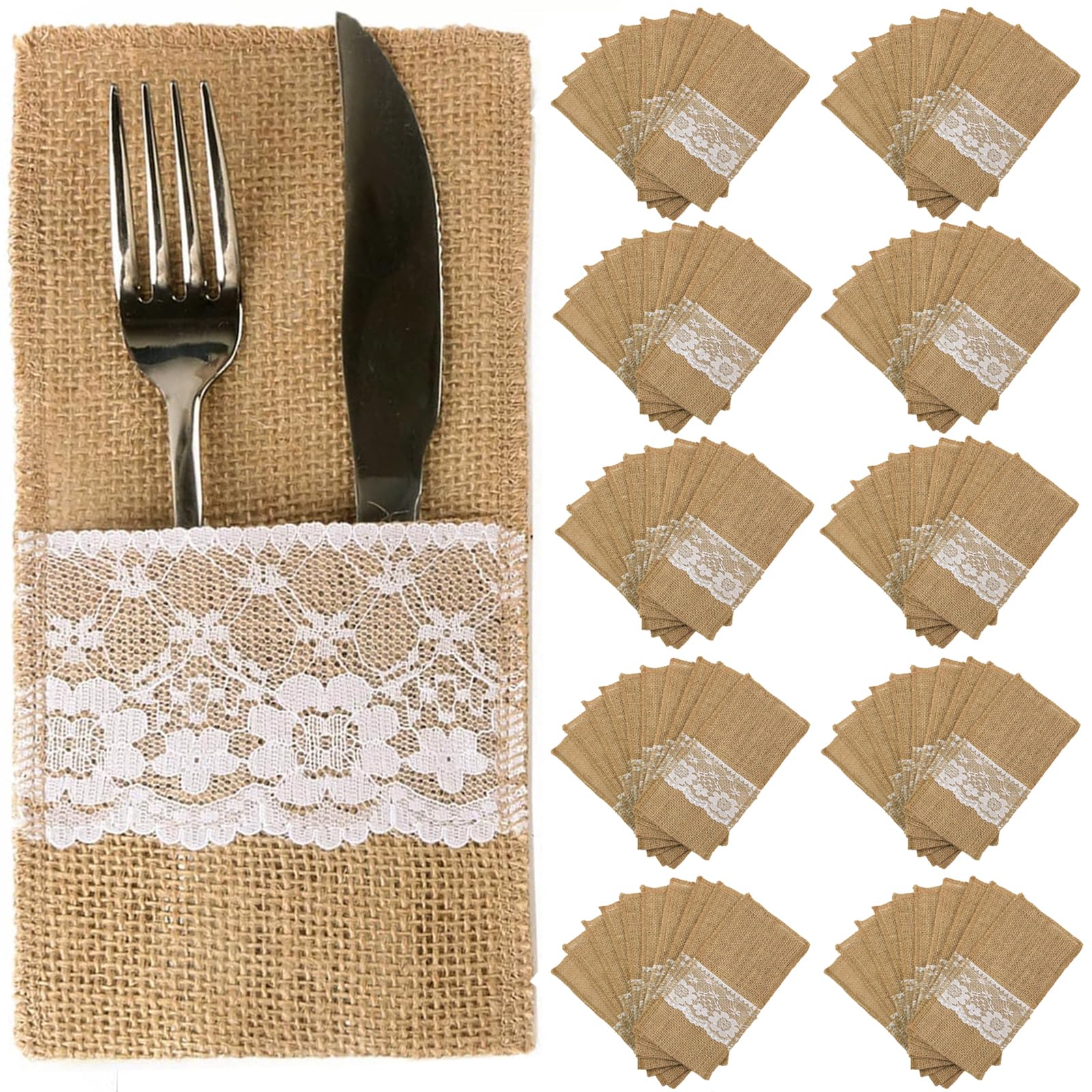 100 Pack Natural Burlap Cutlery Holder Pouch Bags 4x8.5 Inch with Lace - Silverware Napkin Holders for Wedding, Party, Bridal Shower & Table Setting Decoration - Perfect for Rustic, Farmhouse and Vintage Theme Events