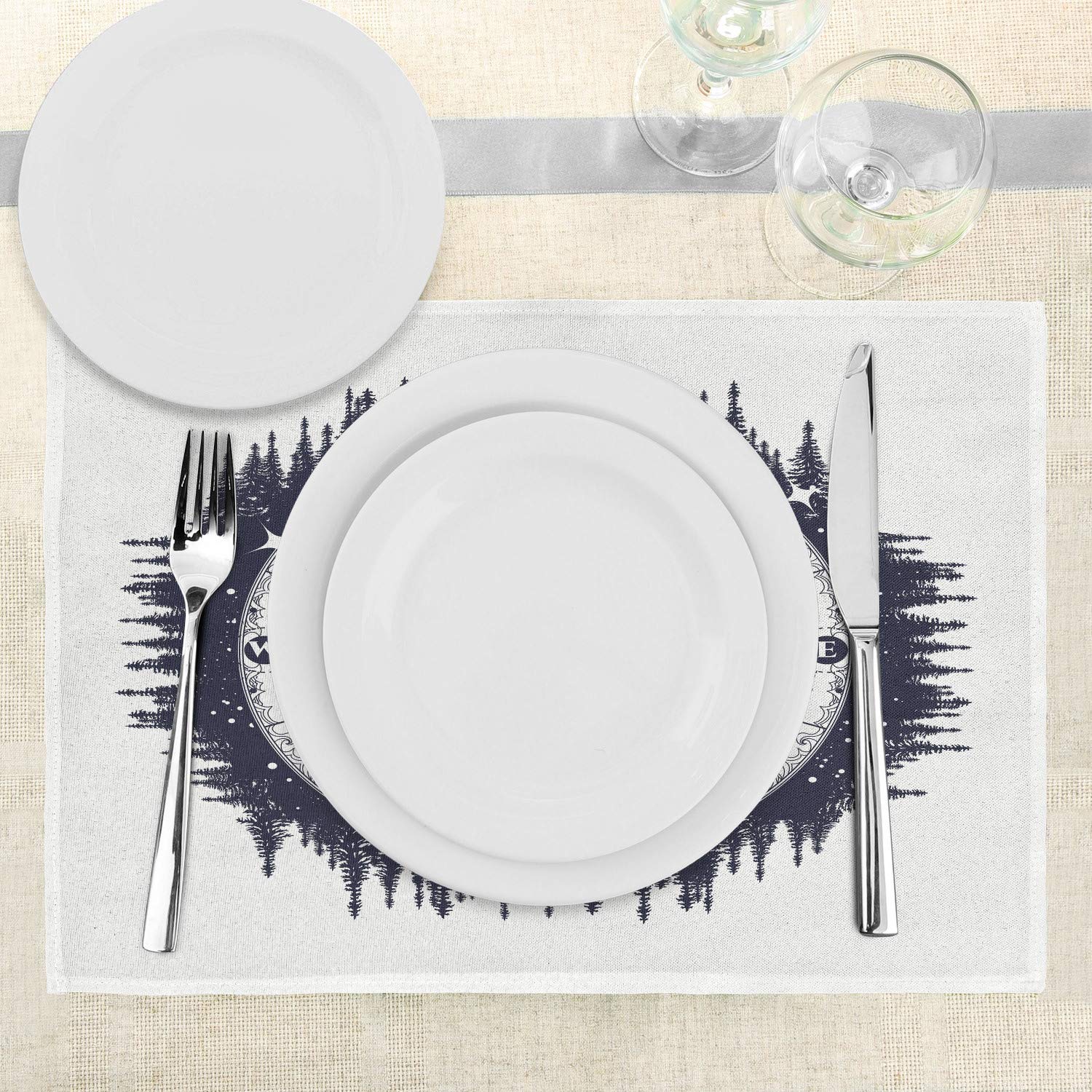 Ambesonne Compass Place Mats Set of 4 - All Seeing Eye Compass with Windorse Art, Wild Nature Mountains Design - Washable Fabric Dining Table Mats (Standard Size, Dark Blue & White) - Perfect for Outdoor Picnics, Camping Trips & Rustic Home Decor