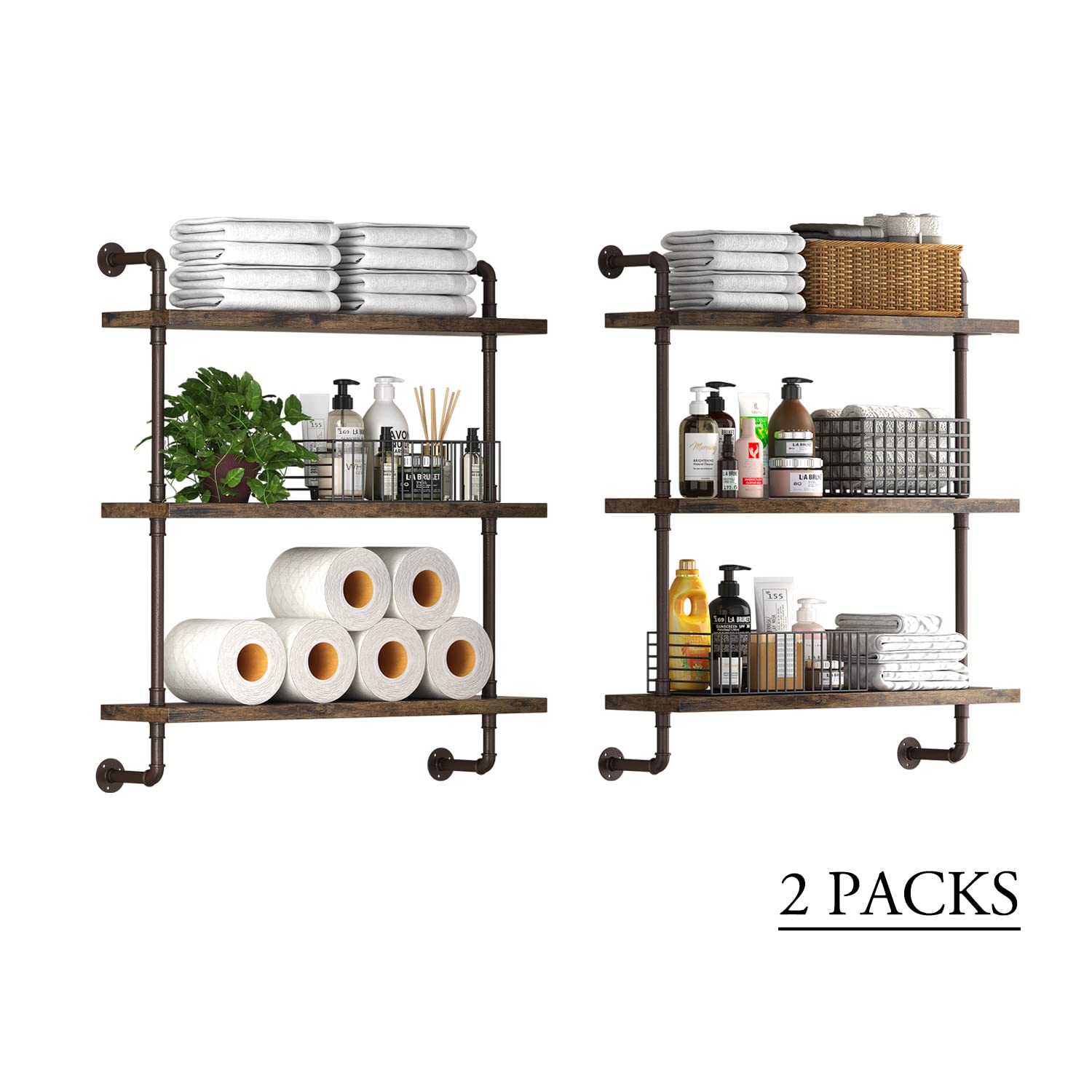 **Industrial Pipe Shelf Wall Mounted - Rustic Wood Floating Shelves, 3-Tier Wall Display Bookshelf - Storage Rack for Kitchen, Office, Bathroom Organization & Home Decor (24inch x 2) - Perfect for Small Spaces, Farmhouse Style & Modern Industrial Decor**