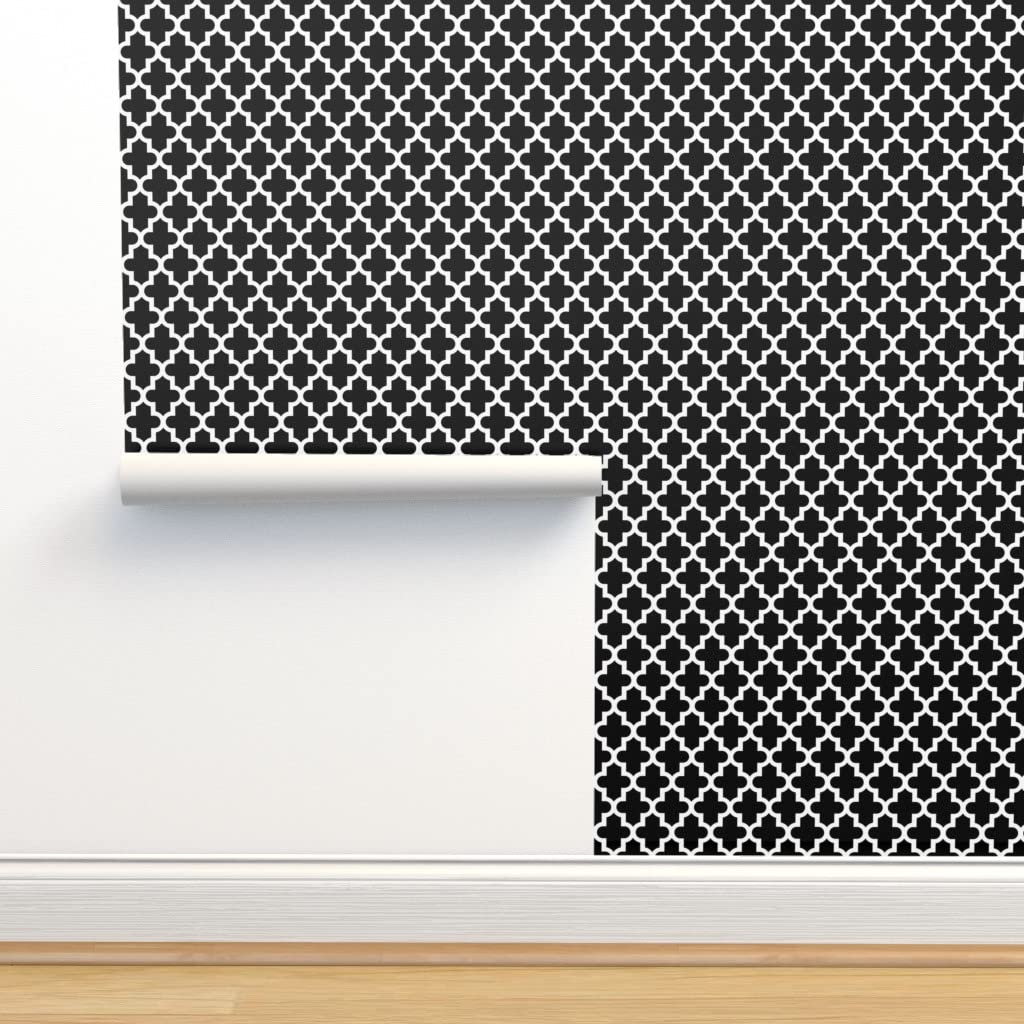 12ft x 2ft Removable Wallpaper - Black & White Moroccan Midcentury Modern Quatrefoil Lattice Pattern | Peel & Stick Wall Covering for Bedroom, Living Room, Office Decor | Trendy Chic Custom Pre-Pasted Wallpaper by Spoonflower
