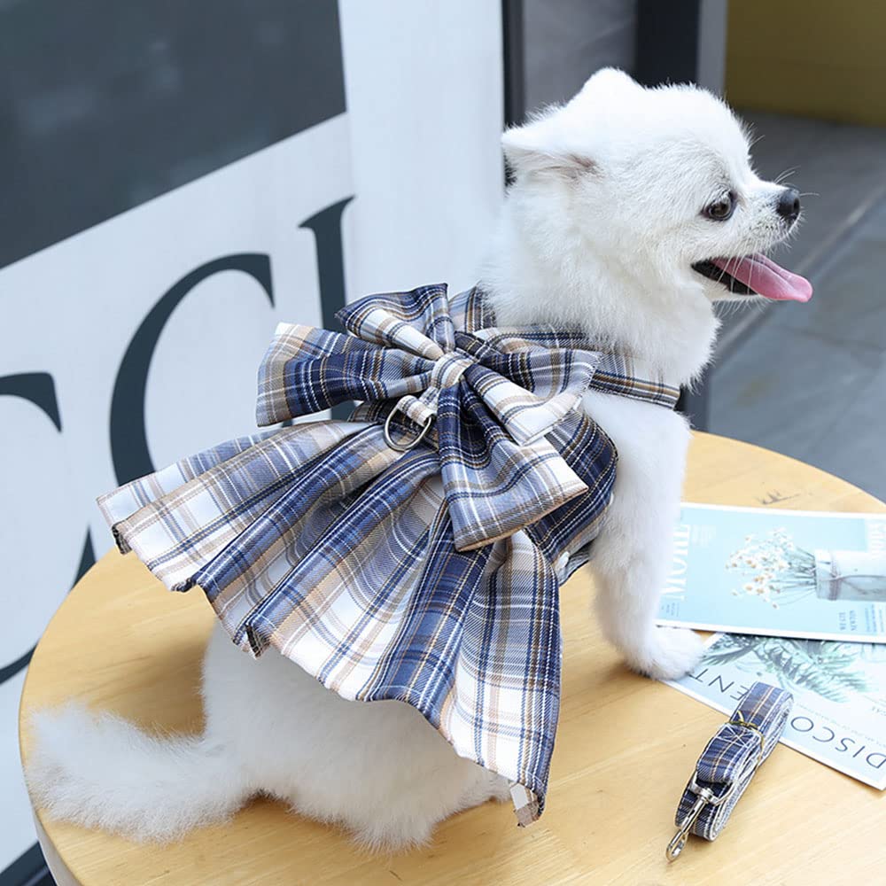 Tikwek Plaid Dog Dress with Bow Tie & Leash Set - Cute Pet Outfits for Small Dogs, Puppy Skirt with Harness & Leash Ring (Navy, XS) - Perfect for Parties, Photo Shoots & Daily Walks