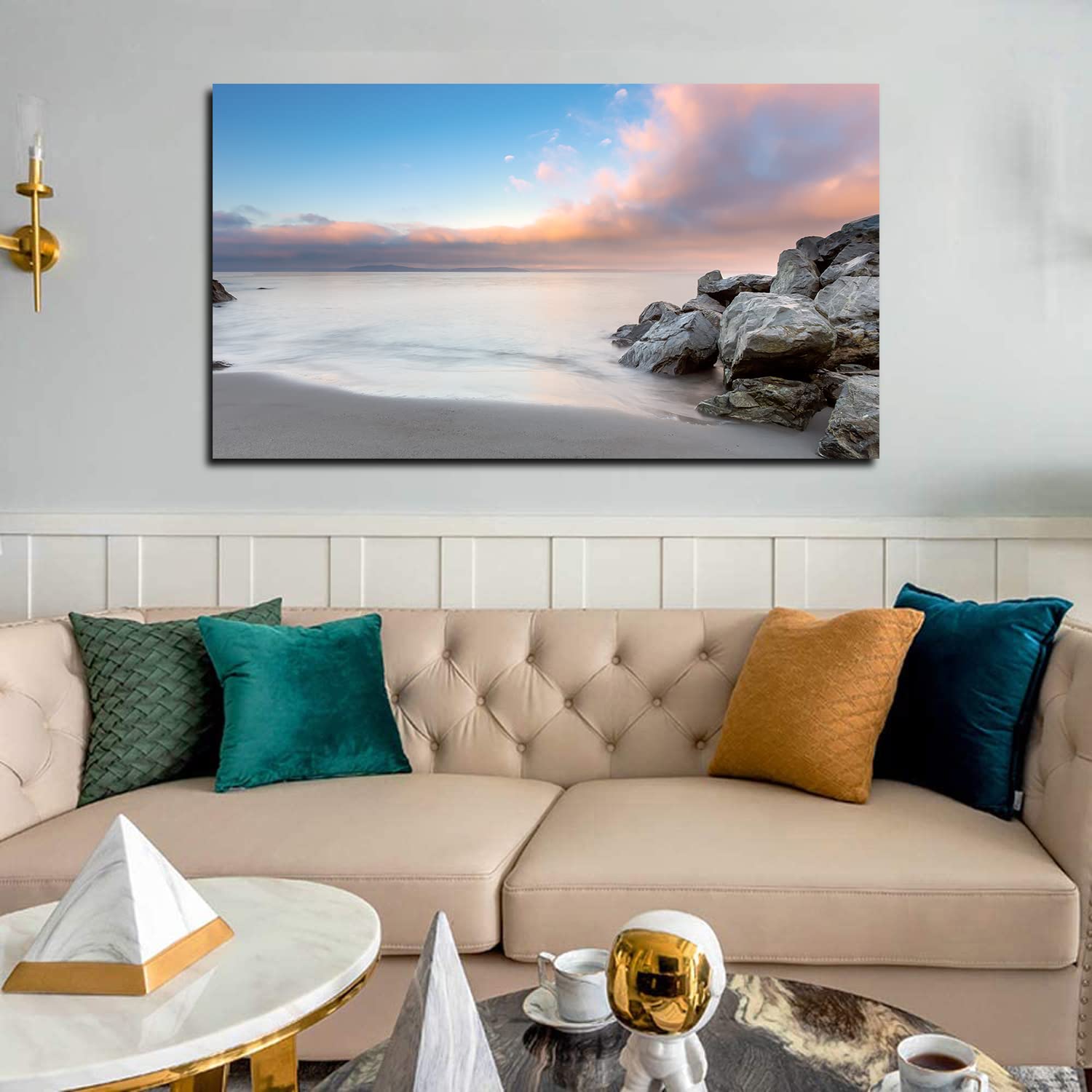 Alki Beach Sunrise Canvas Art - Framed Beach Sunset Wall Decor Painting for Living Room, Bedroom & Office - Ready to Hang Coastal Landscape Artwork - Perfect for Home Decor & Gift Ideas