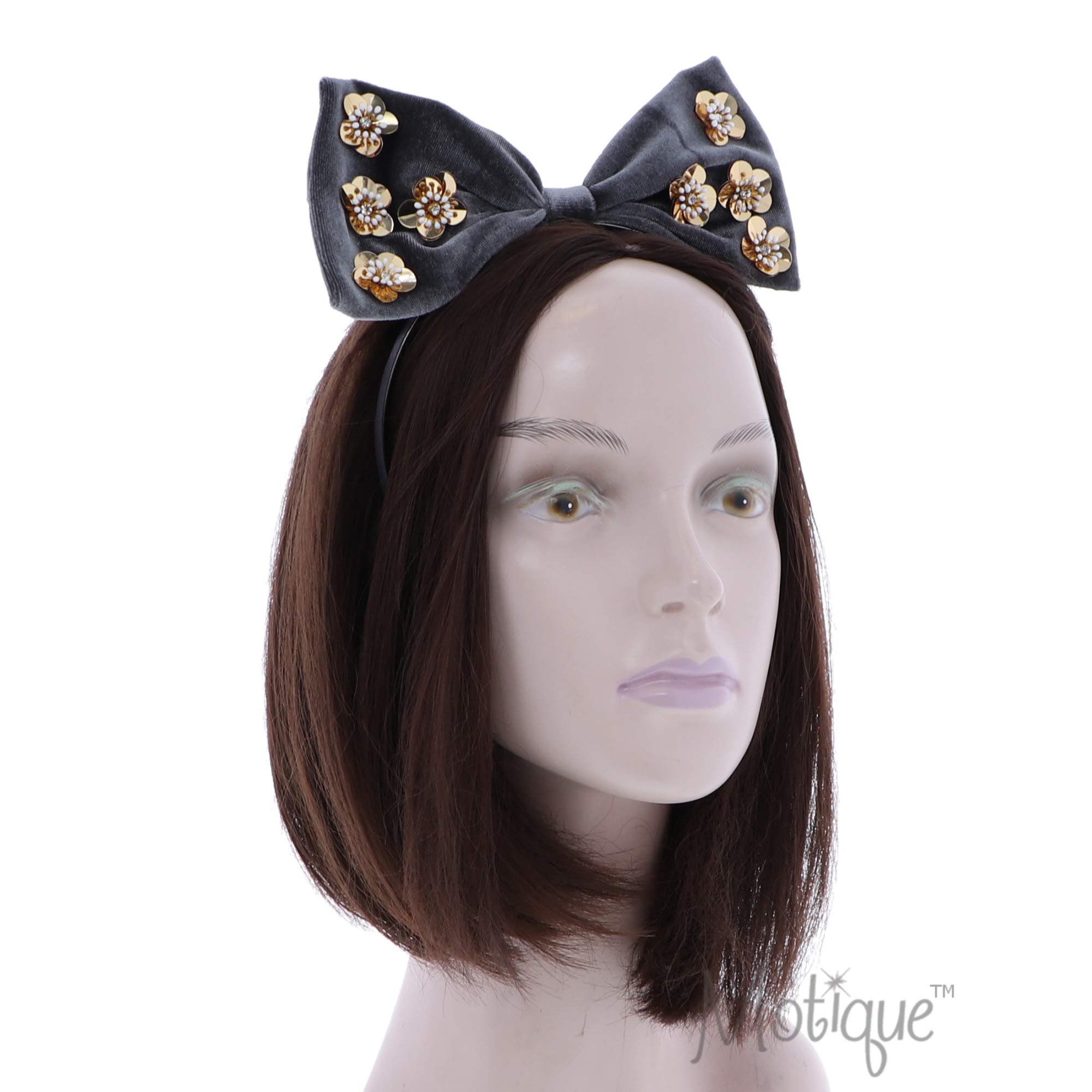 Velvet Sequin Bow Headband for Women & Girls - Grey Gold - Party & Wedding Accessory