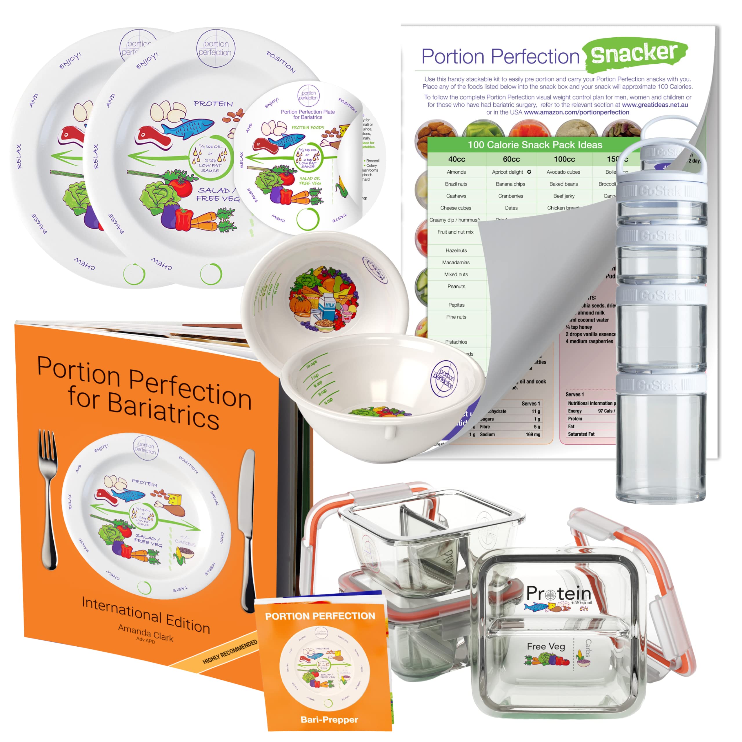 Bariatric Portion Control Plates and Bowls - 8 Inch Porcelain Dinnerware Set with Clear Instruction Book | Meal Prep & Lunchbox Borosilicate Glass Containers | 100 Calorie Snack Containers for Post-Surgery & Gastric Sleeve Patients | Perfect for Weight Loss, Portion Management and Healthy Eating at Home or Office