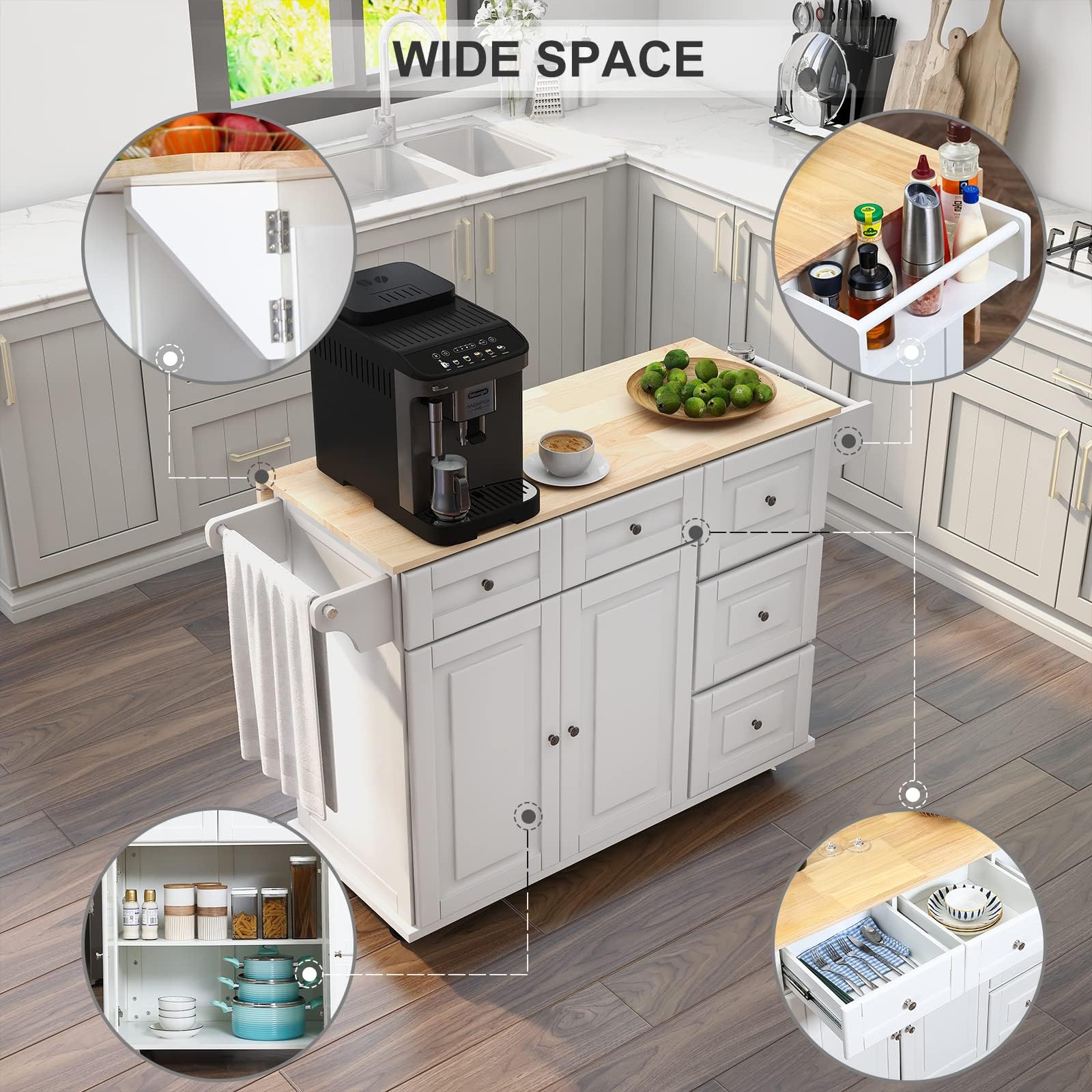 HOMREST Mobile Kitchen Island Cart with Drop Leaf, Wooden Countertop, Spice Rack, Adjustable Shelves & Drawers - White | Rolling Kitchen Cart for Small Spaces, Breakfast Nook, Dining Prep & Extra Storage
