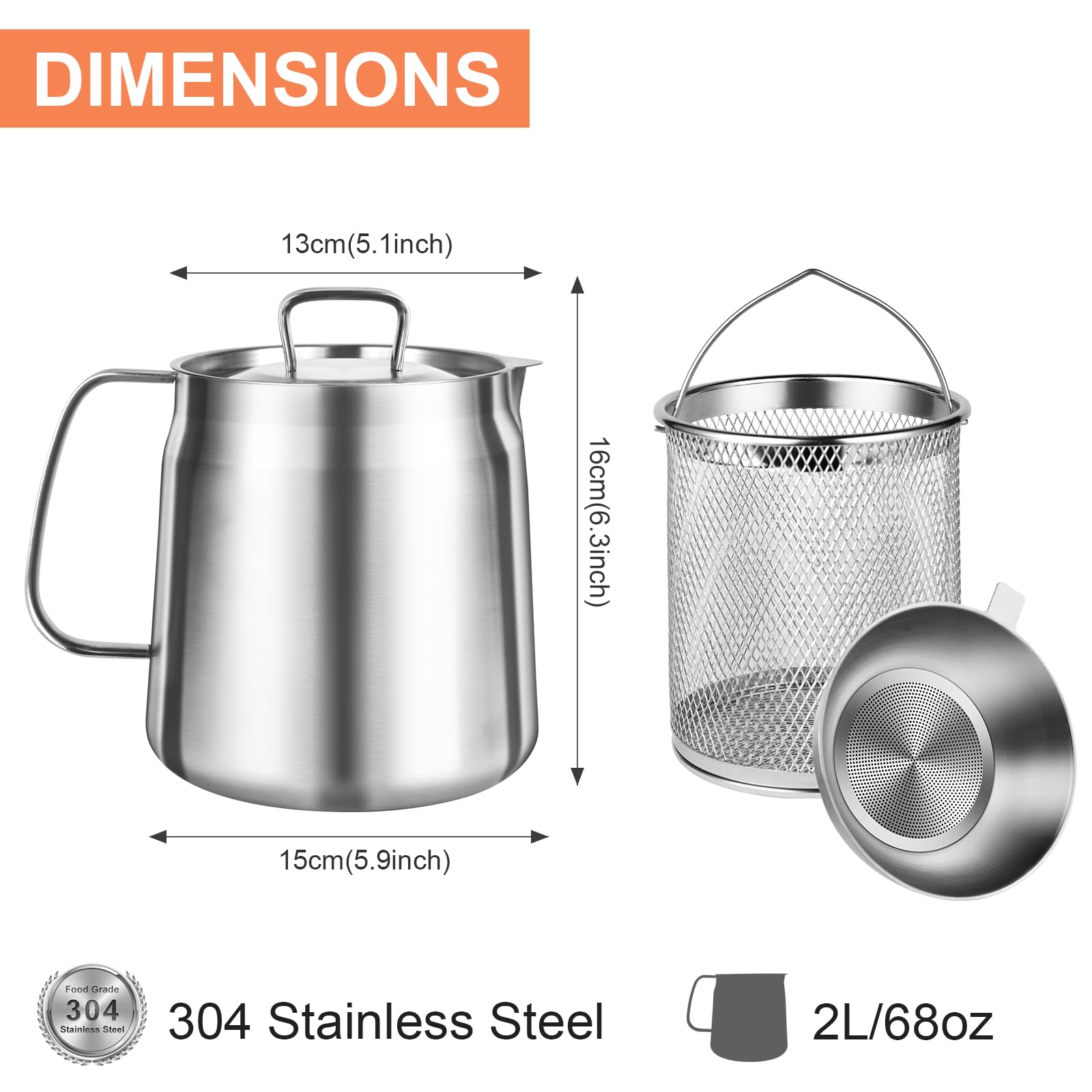 Premium 304 Stainless Steel Oil Filter Pot - 68oz/2L Bacon Grease Container with Fine Mesh Strainer & Frying Basket - Large Capacity Multifunctional Kitchen Oil Strainer for Cooking, Frying, Camping & Outdoor BBQ
