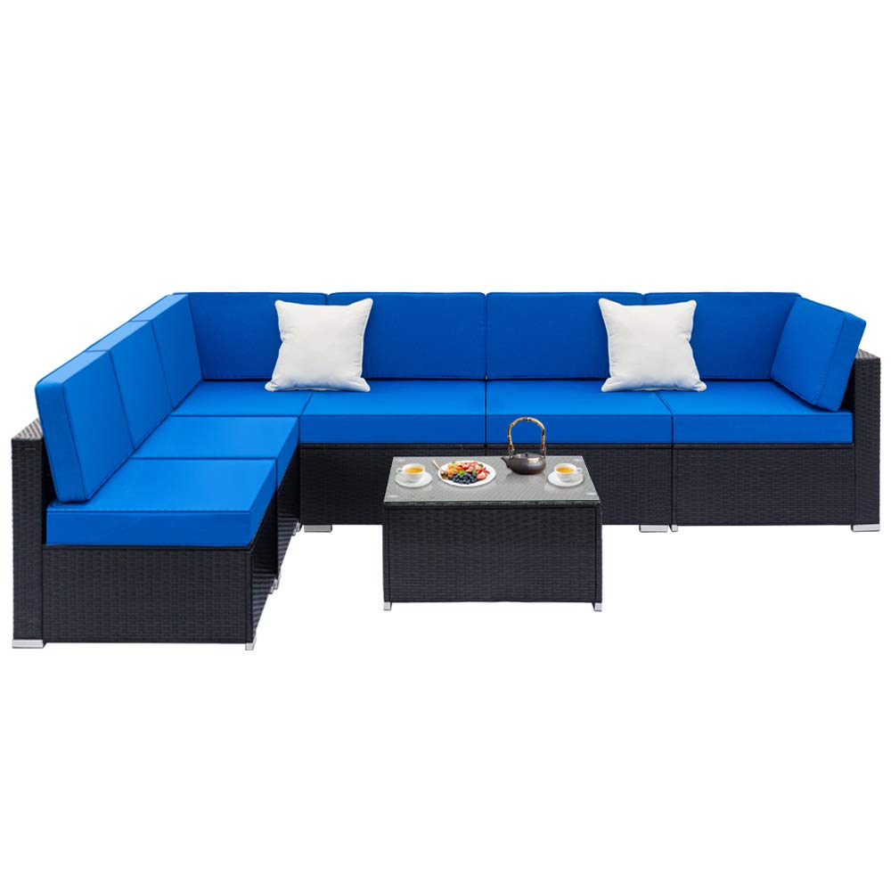 7-Piece Outdoor Wicker Rattan Conversation Sofa Set with Cushions - 4 Middle Sofas, 2 Corner Sofas & Coffee Table - Perfect for Garden, Patio, Poolside, Backyard & Balcony Relaxation