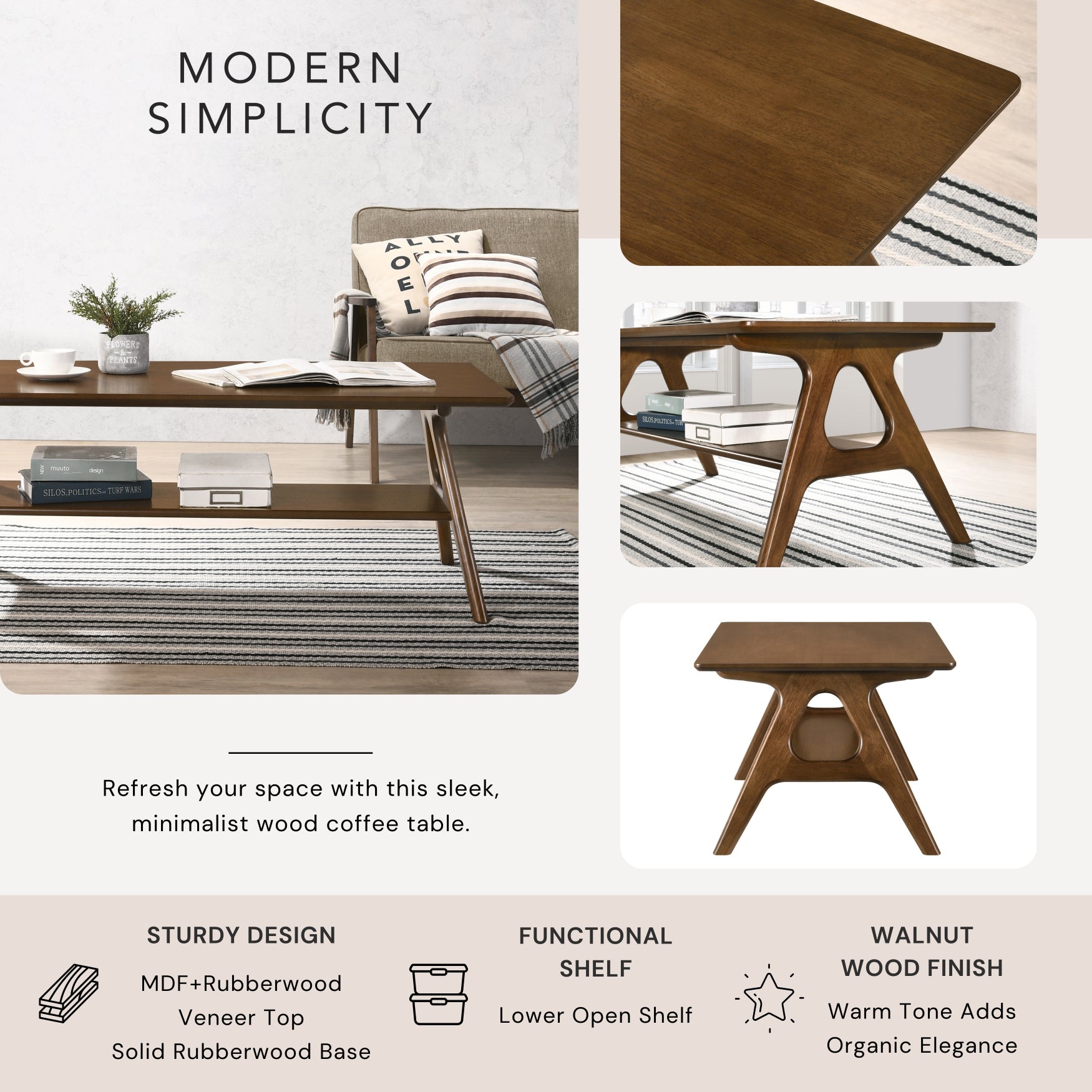 Roundhill Furniture Arona Mid Century Modern Wood Shelf Coffee Table - Stylish Living Room Accent Table for Books & Decor
