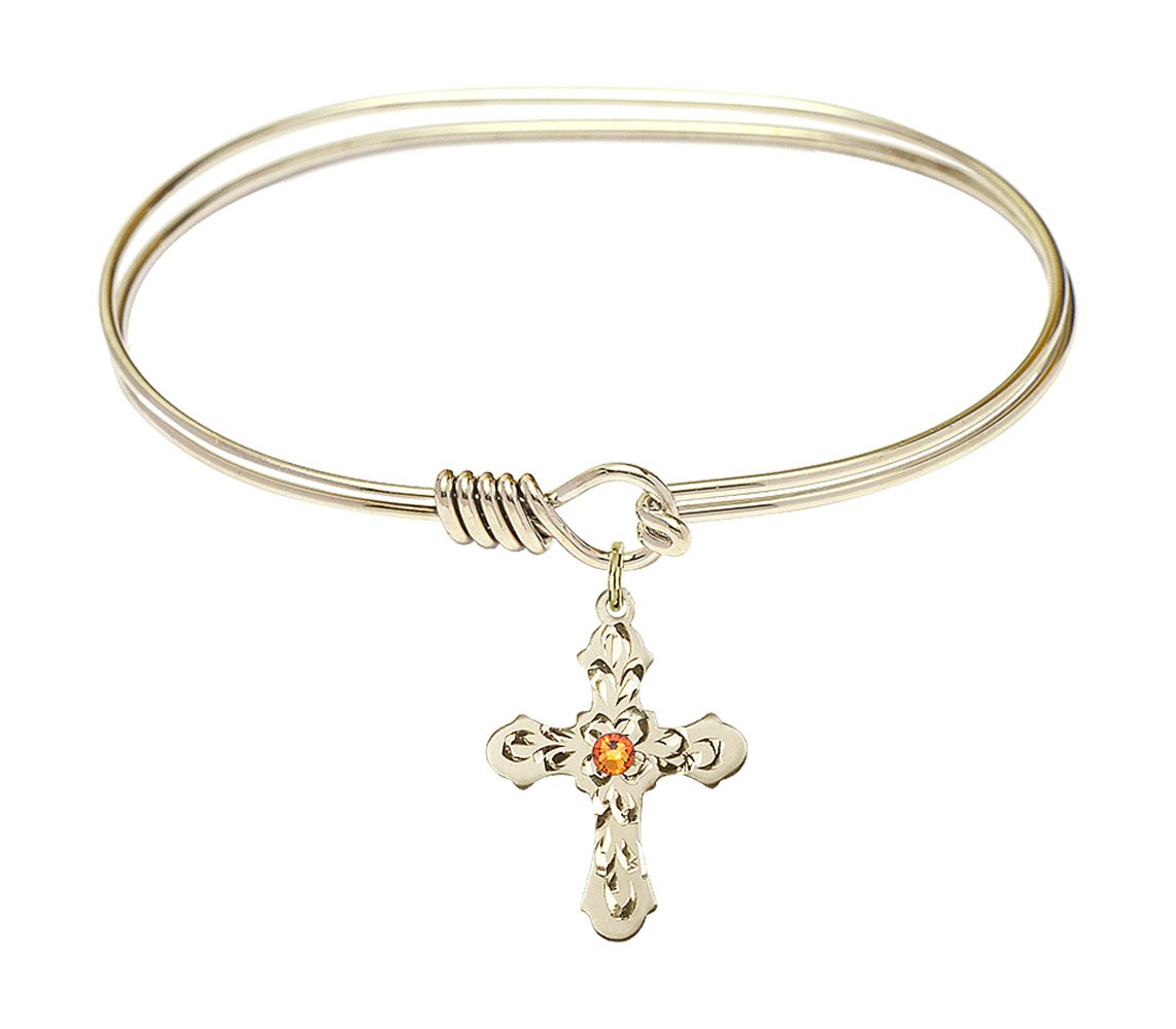 7 Inch Oval Eye Hook Bangle Bracelet with Cross Medal Charm & November Yellow Crystal - Elegant Jewelry for Women, Gift for Birthday, Anniversary, Christmas