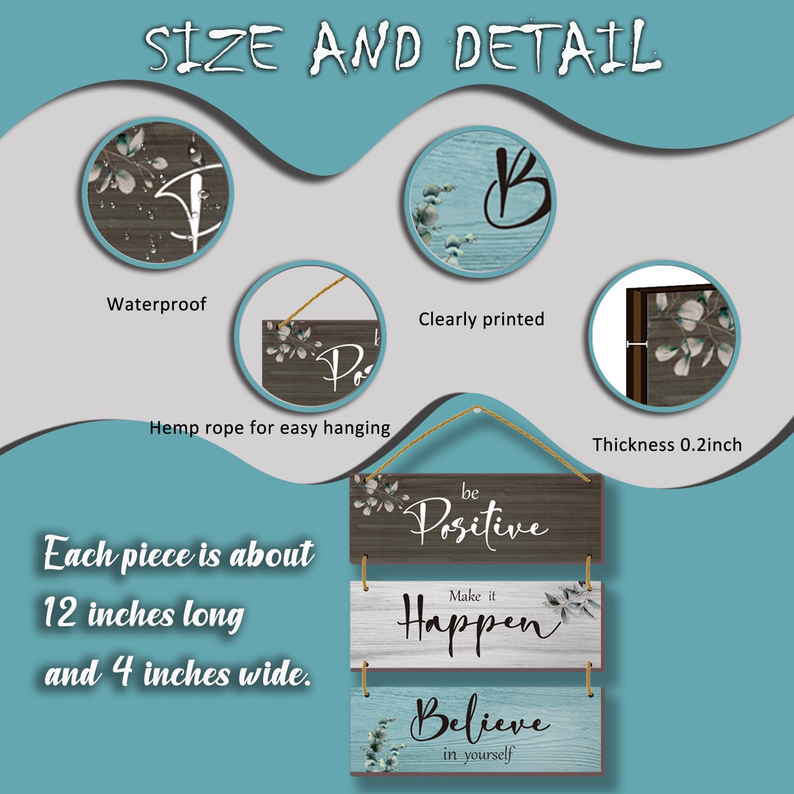 3 Pcs Rustic Wooden Motivational Wall Plaques with Inspirational Sayings - Farmhouse Office Decor for Home, Bathroom, Bedroom & Kitchen (12x4 Inch) - Perfect for Home Office Decor & Wall Art Gifts
