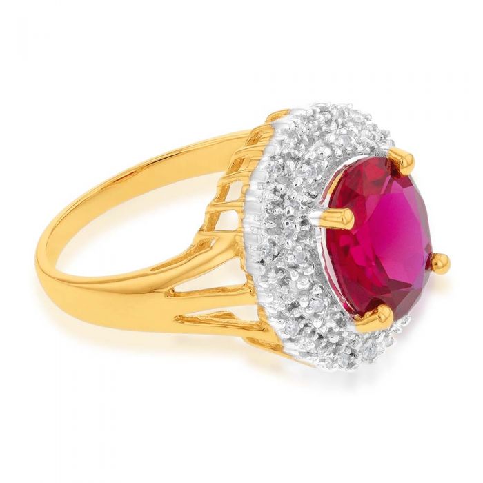 9ct Yellow Gold 8x10mm Lab-Created Ruby and Diamond Halo Ring for Women - Elegant Engagement, Anniversary or Gift Jewelry for Her