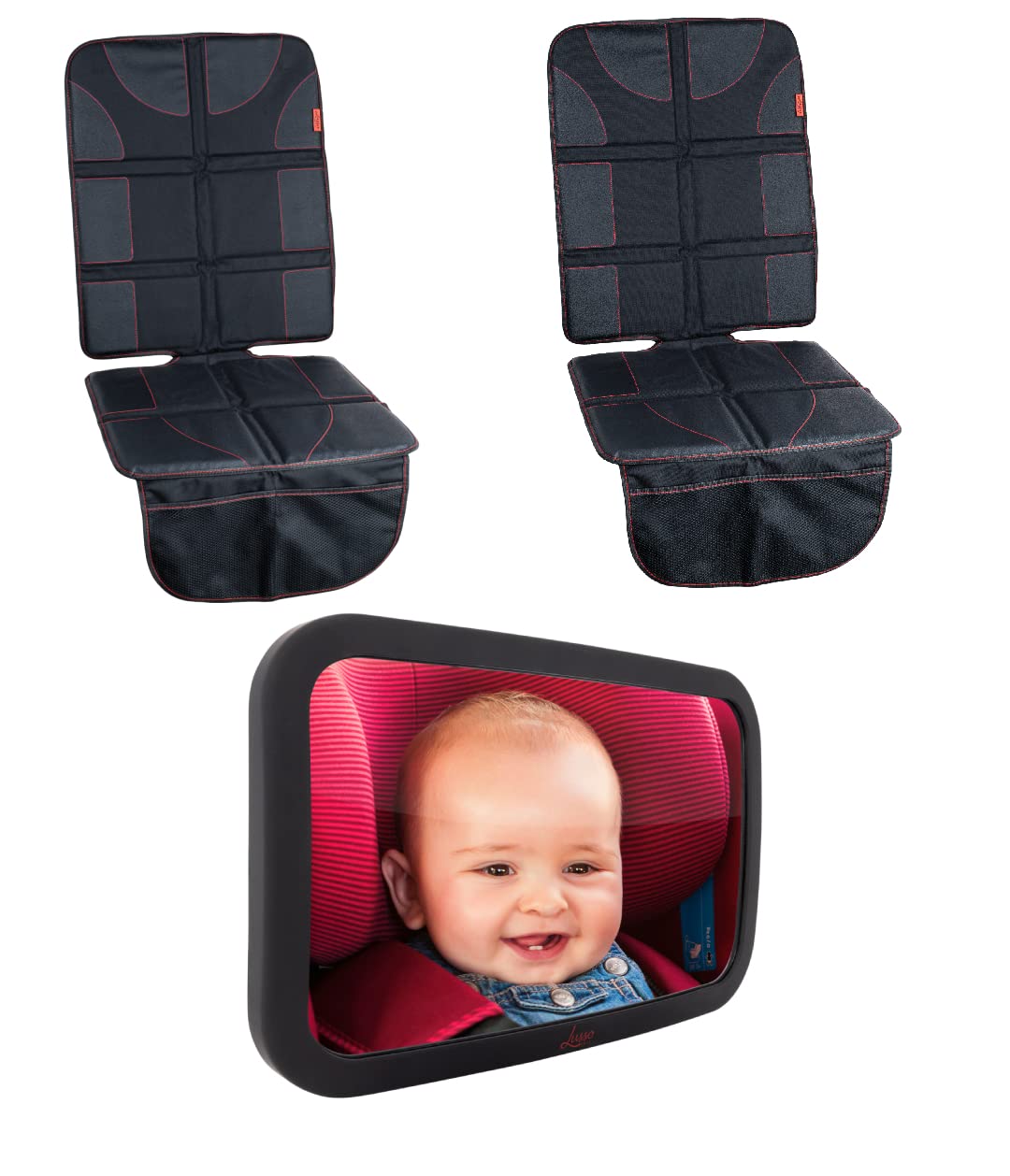 Lusso Gear 2 Pack Waterproof Car Seat Protectors (Black with Red) & Baby Backseat Mirror - Premium Oxford Fabric for Leather or Fabric Seats - Travel Essentials for Family Road Trips and Daily Commute