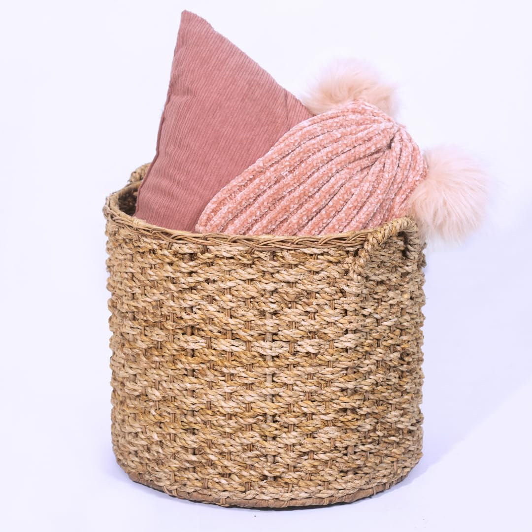 Large Round Woven Wicker Rattan Storage Basket with Handles - Natural Decor Organizer for Baby Toys, Laundry, Magazines & Towels | Perfect for Nursery, Bathroom & Living Room Organization