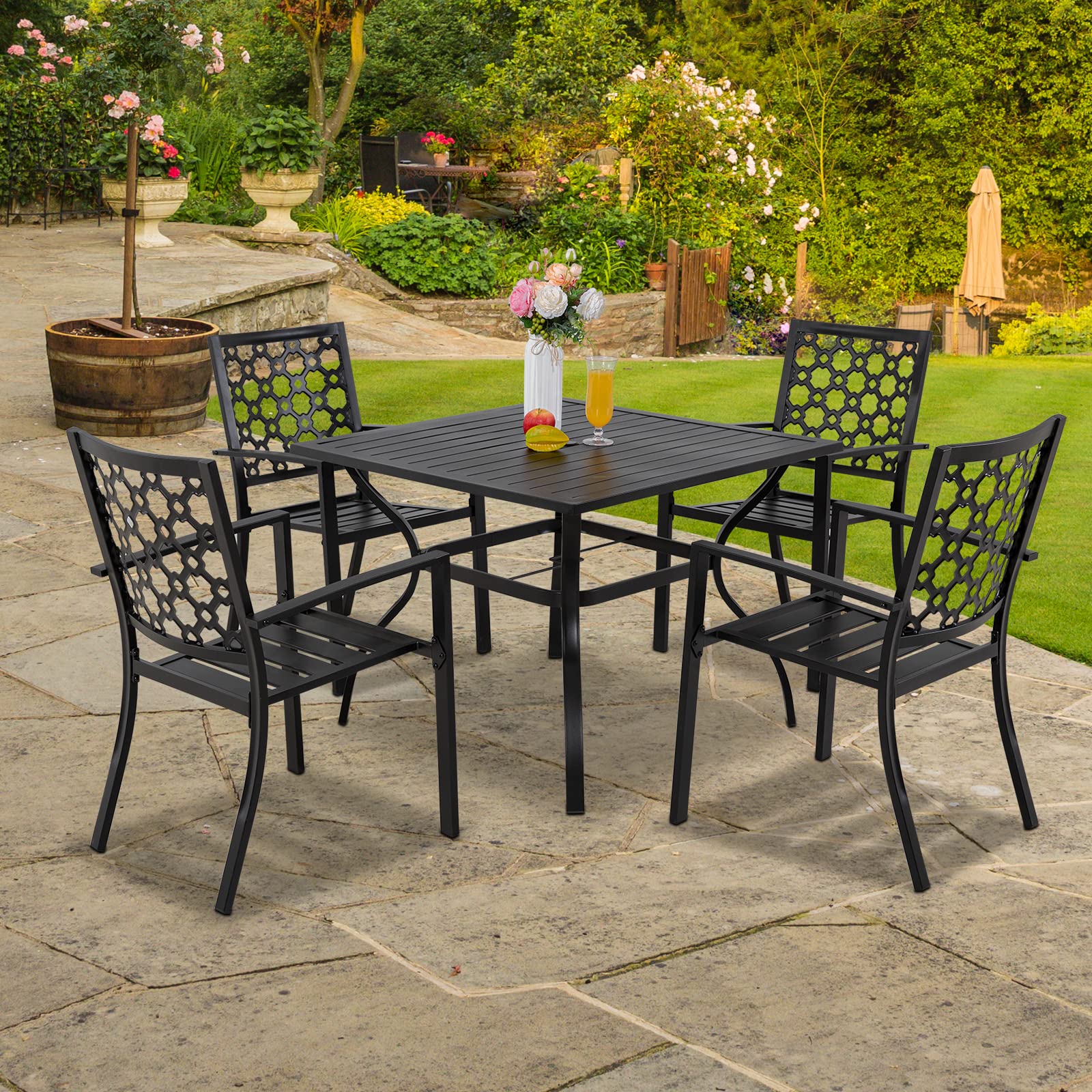 MEOOEM 4-Piece Outdoor Dining Chairs Set - Stackable Metal Patio Chairs with Arms for Backyard, Garden, Poolside - Weather-Resistant Black Finish - Perfect for BBQs, Picnics & Outdoor Entertaining