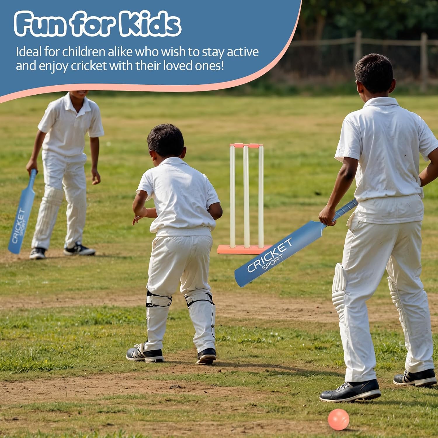 **Kids Cricket Set - 6-Piece Outdoor Sports Training Kit with Bat, Balls & Stumps for Backyard, Garden & Park Play - Perfect for Boys & Girls Ages 5-12**