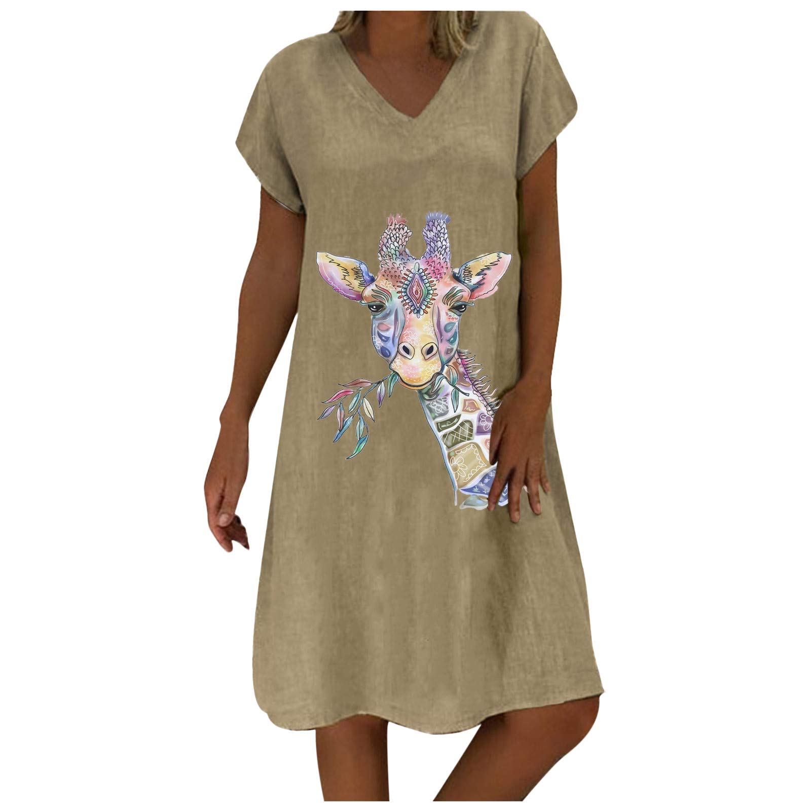 GGOGO Women's Summer Shift Dress - Plus Size Loose Fit V-Neck Cotton Linen Short Sleeve Dress with Dragonfly Print | Casual Beach Wear, Vacation Outfit & Everyday Comfort