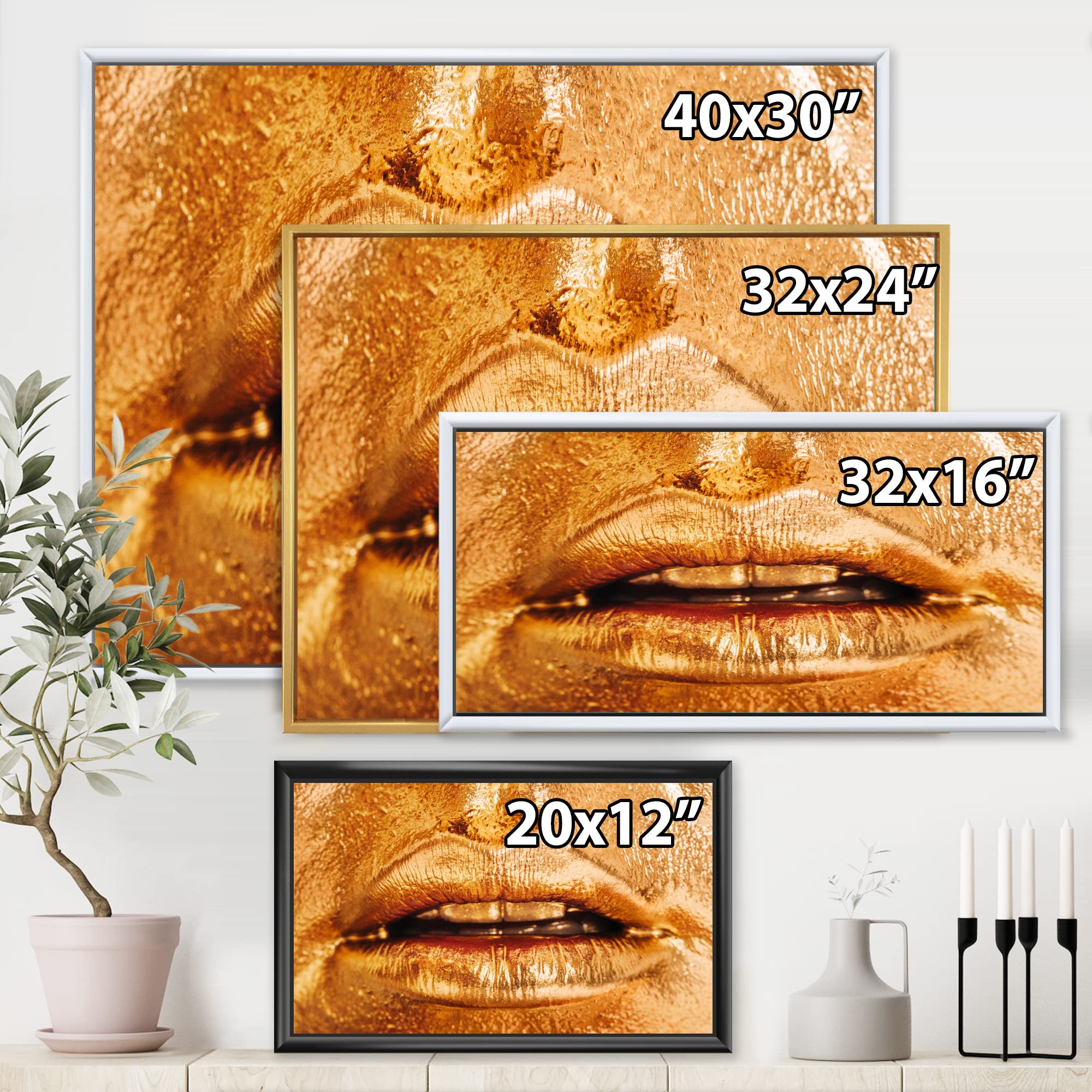DesignQ Golden Lip Makeup Art - Modern Framed Canvas Wall Decor for Living Room, Bedroom & Office - Elegant Home Decor Gift Idea