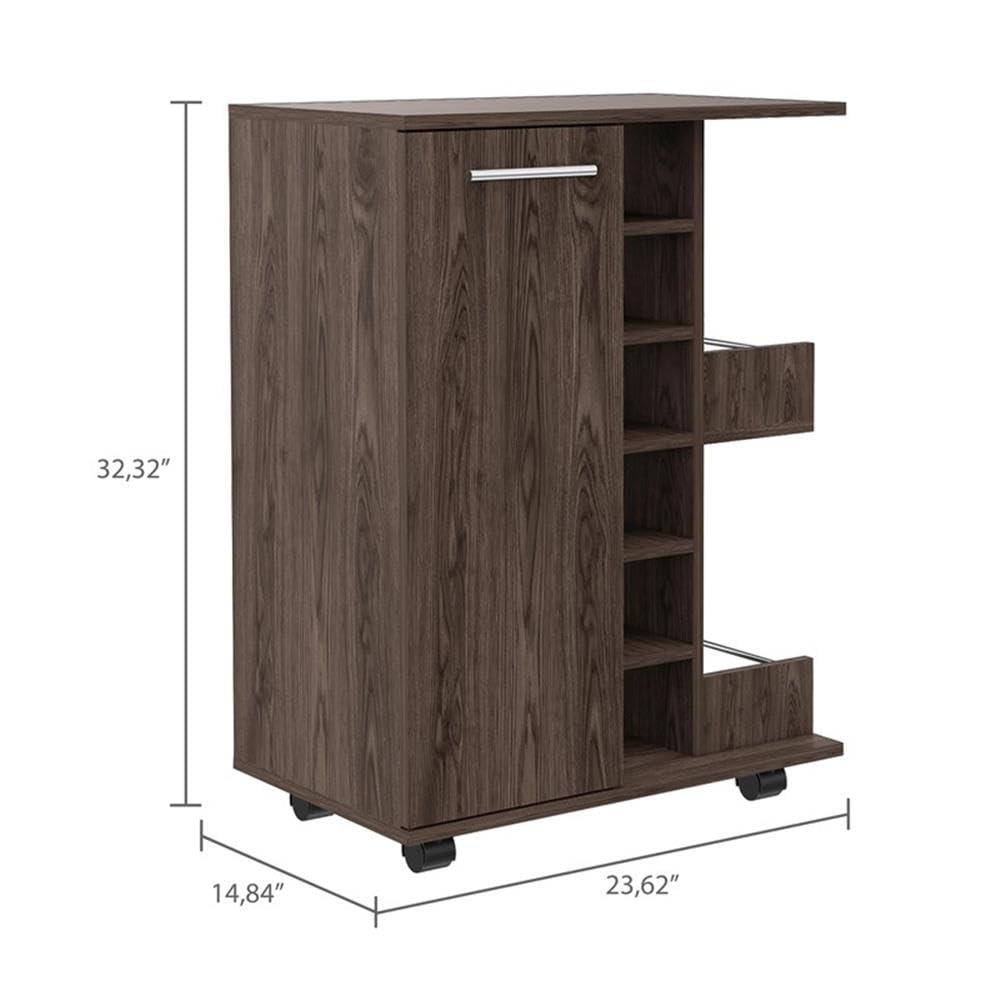 BOWERY HILL Contemporary Bar Cart Cabinet in Weathered Oak - Modern Rolling Drink Cart for Home Bar, Living Room & Outdoor Entertaining