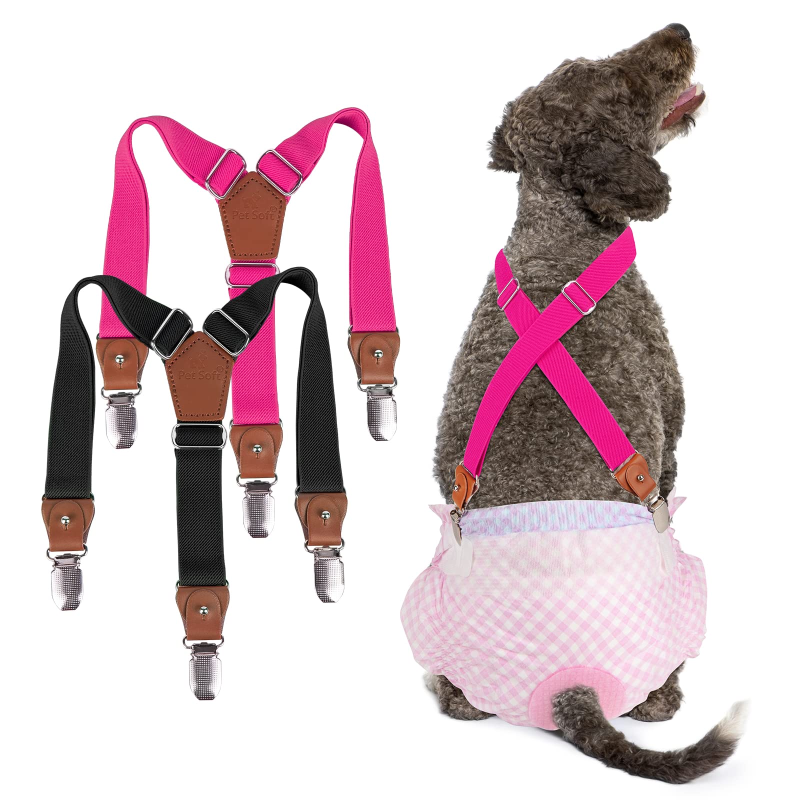 Pet Soft Dog Suspenders 2-Pack - Adjustable Diaper Suspenders for Small/Medium Female Dogs - Secure Dog Diapers, Skirts & Dresses (Black & Pink) - Perfect for Playtime, Walks & Special Occasions