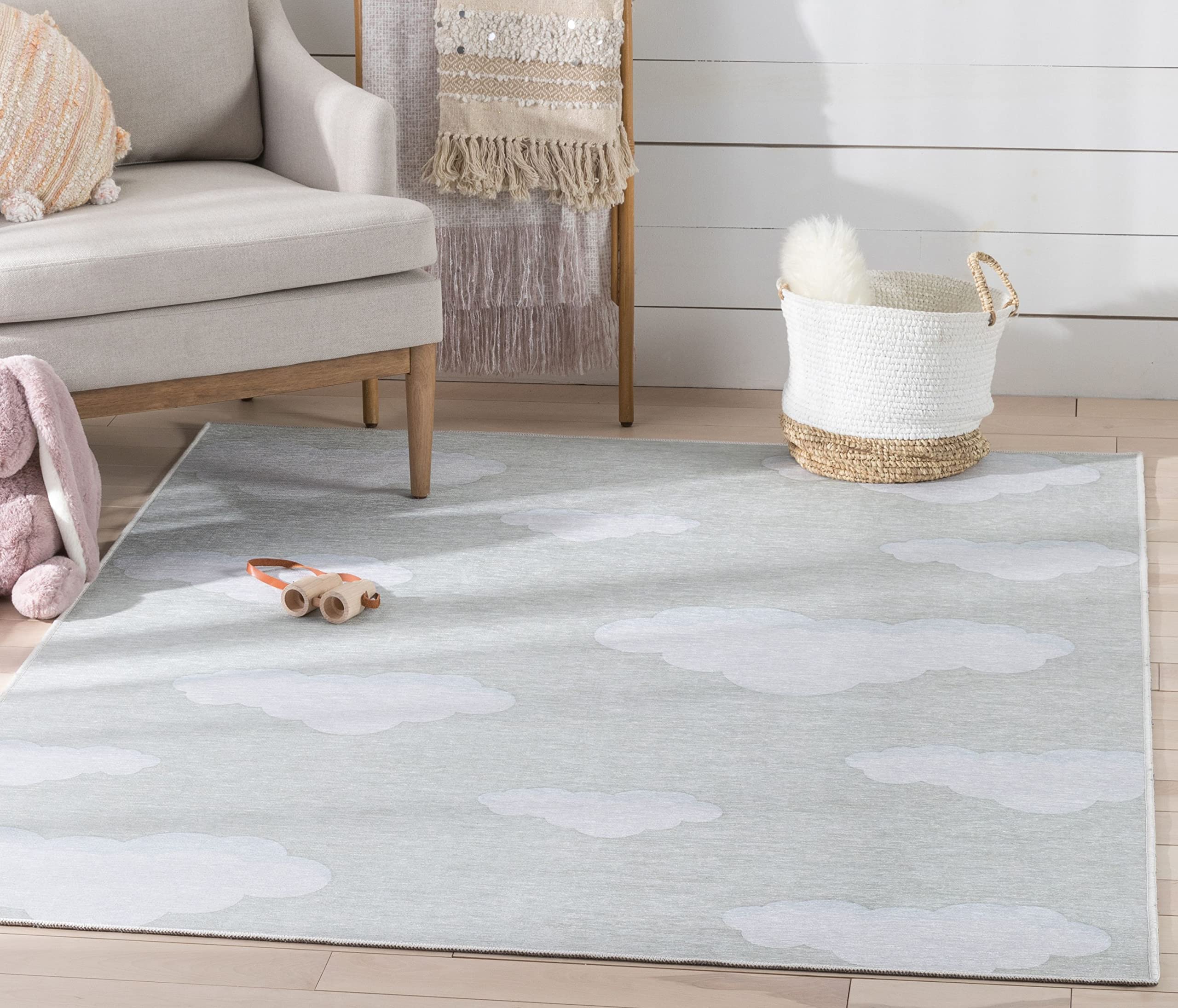 Well Woven Kids Rugs - Cloud 9 Linen Modern Machine Washable 5' x 7' Area Rug for Nursery, Playroom & Bedroom - Soft Non-Slip Floor Carpet for Toddlers