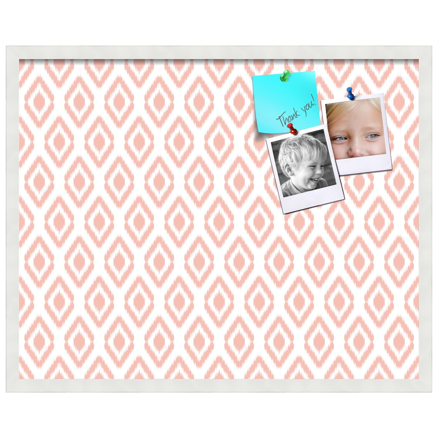 PinPix 30x24 Inch Cork Bulletin Board with Ikat Grapefruit Design & Satin White Frame - Decorative Wall Pin Board for Home Office School Decor - Perfect for Notes, Photos, Reminders & Organization
