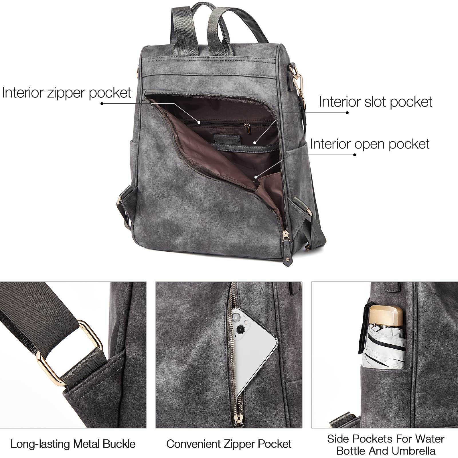 FOXLOVER Women's Leather Backpack Purse - Large Travel Backpack, Fashionable Designer Shoulder Bag for Women (Grey) - Perfect for Work, College, Travel & Everyday Use