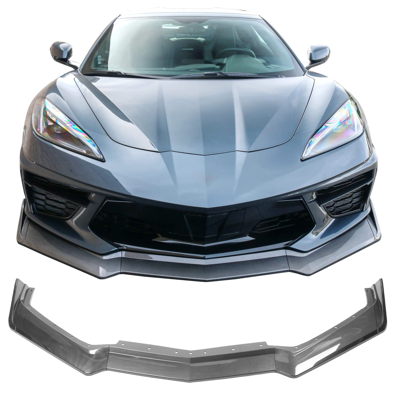 IKON MOTORSPORTS 5VM Style Front Bumper Lip Spoiler for 2020-2025 Chevy Corvette - ABS Plastic with Carbon Fiber Print - Enhances Aerodynamics & Sporty Look - Perfect for Street Racing & Car Shows