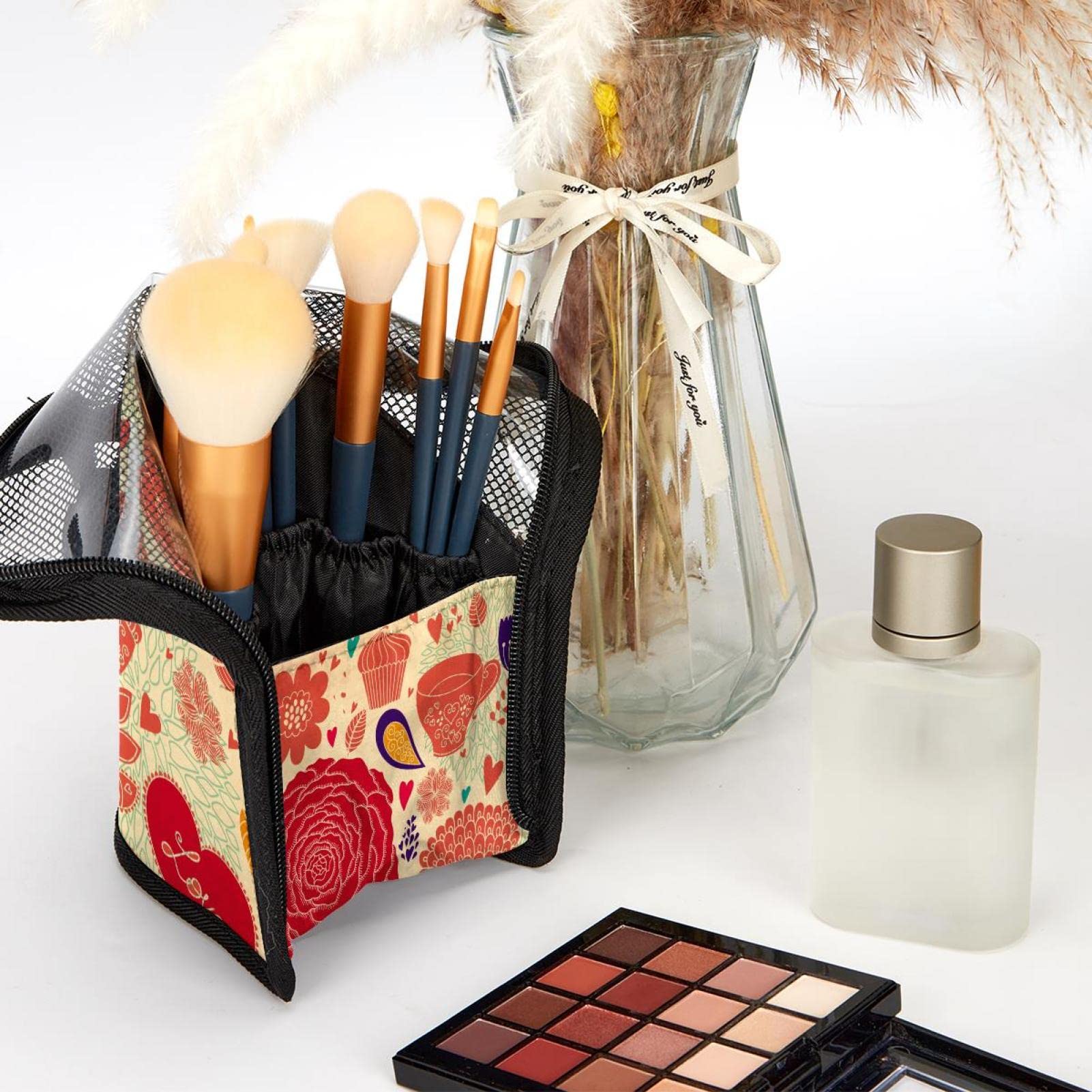 12-Piece Makeup Brush Organizer Bag - Floral Design Portable Brush Holder Case for Travel & Home Storage | Perfect for Makeup Artists & Beauty Enthusiasts
