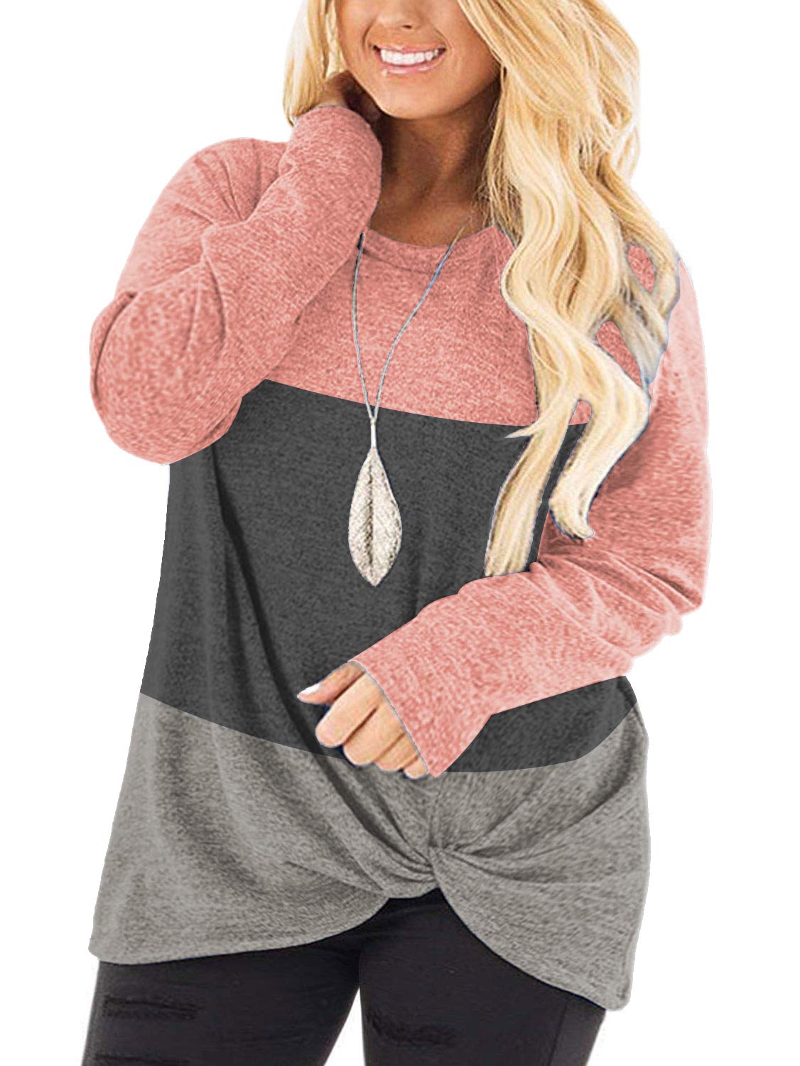 DOLNINE Women's Plus Size Knotted Tops Long Sleeve Tee Shirts - Loose Casual Blouse for Women | Comfortable & Stylish for Work, Date Night & Everyday Wear