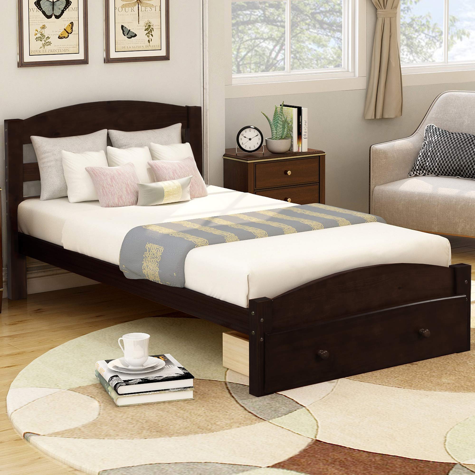Polibi Twin Size Wooden Platform Bed Frame with Storage Drawer & Wood Slat Support - No Box Spring Needed, Espresso Finish - Perfect for Small Bedrooms, Guest Rooms & Kids' Rooms