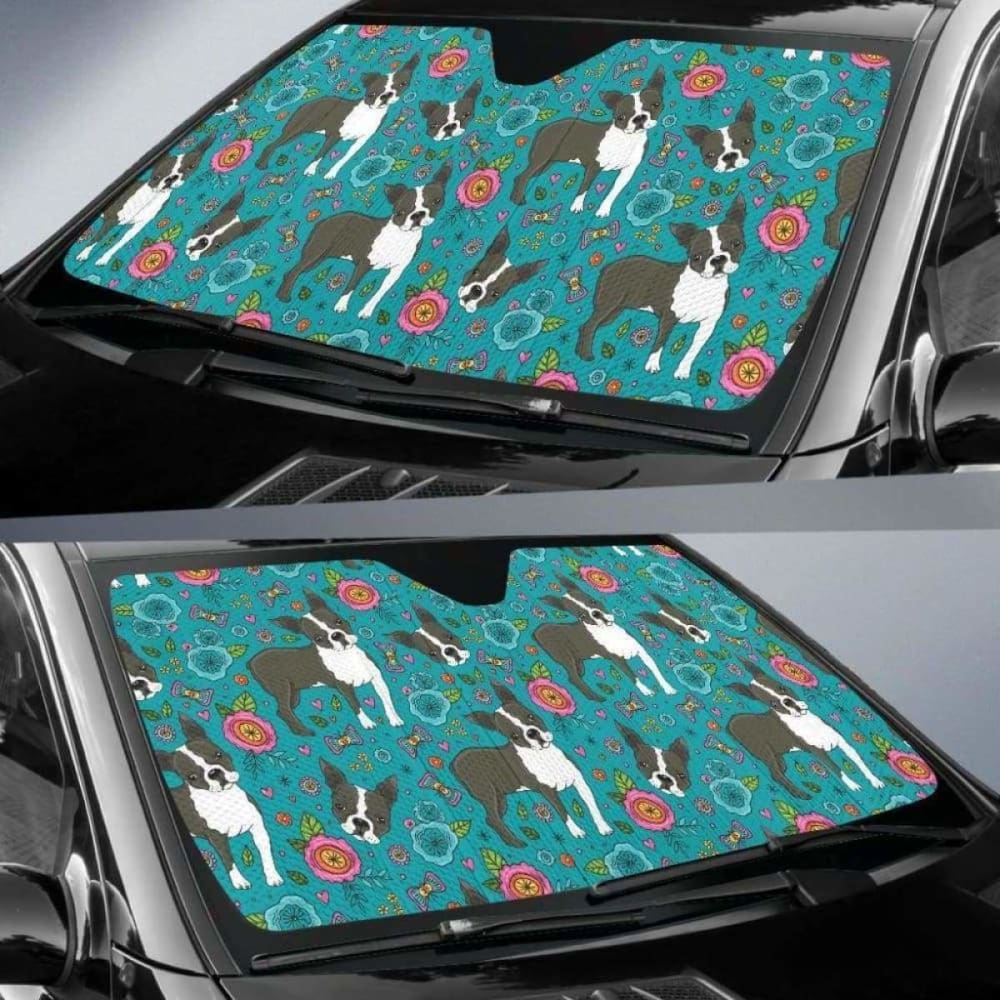 Boston Terrier Flower Pattern Car Sun Shade for Windows - UV Protection & Heat Blocking for Pets - Perfect for Summer Travel & Parking