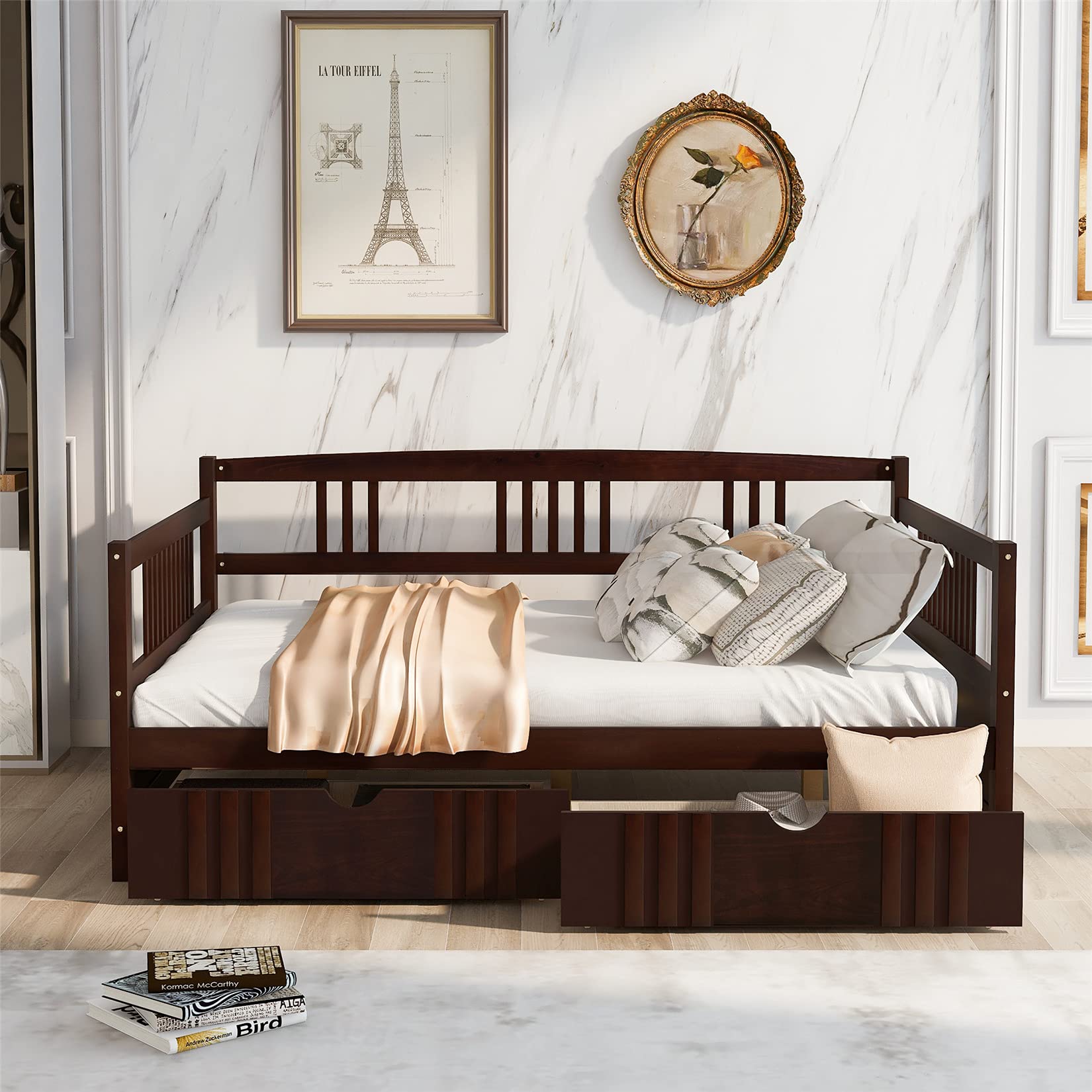 Bellemave Full Size Daybed with Drawers - Wooden Daybed Frame for Kids & Adults - Multifunctional Platform Bed in Espresso - Perfect for Guest Rooms, Dormitories & Small Spaces