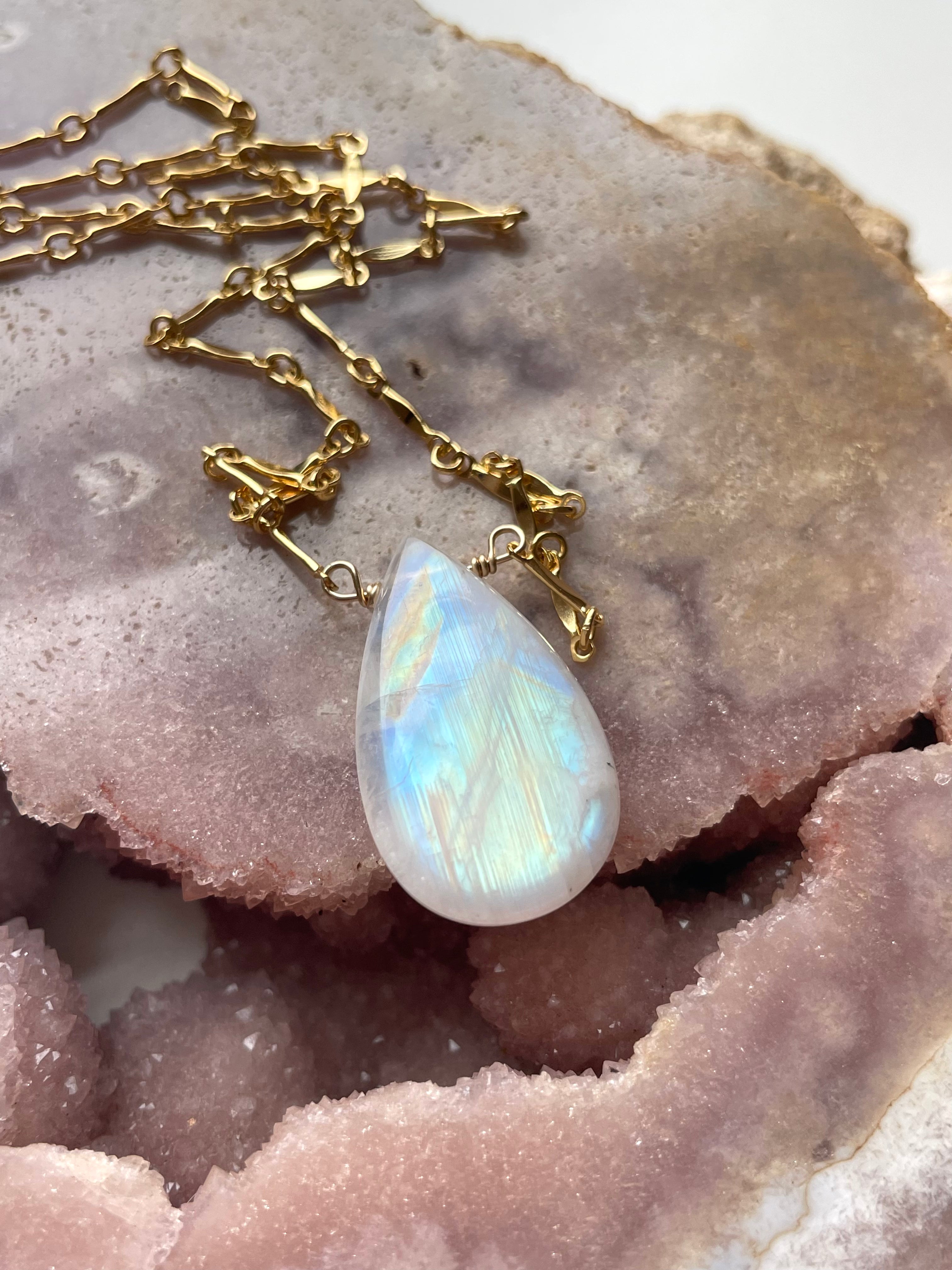 Large Statement Rainbow Moonstone Necklace 14K Gold Filled – Elegant Boho Jewelry for Women, Perfect for Weddings, Parties & Everyday Wear
