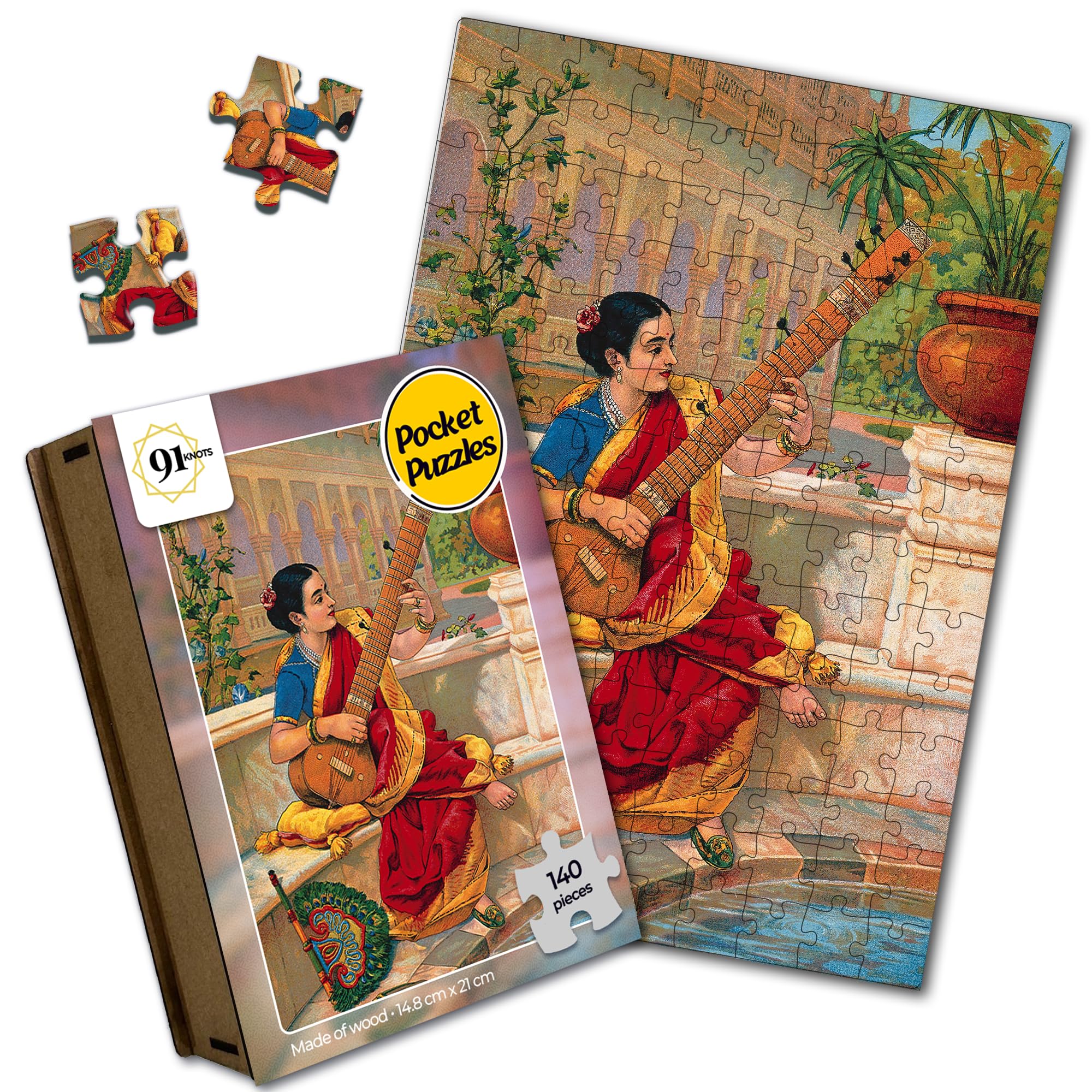 91Knots Raja Ravi Varma's Woman Playing Sitar Wooden Jigsaw Puzzle - 140 Pieces Indian Art Puzzle for Adults & Kids Ages 5+ | Brain Boosting Educational Toy | Perfect Christmas Gift for Family Game Night & Home Decor